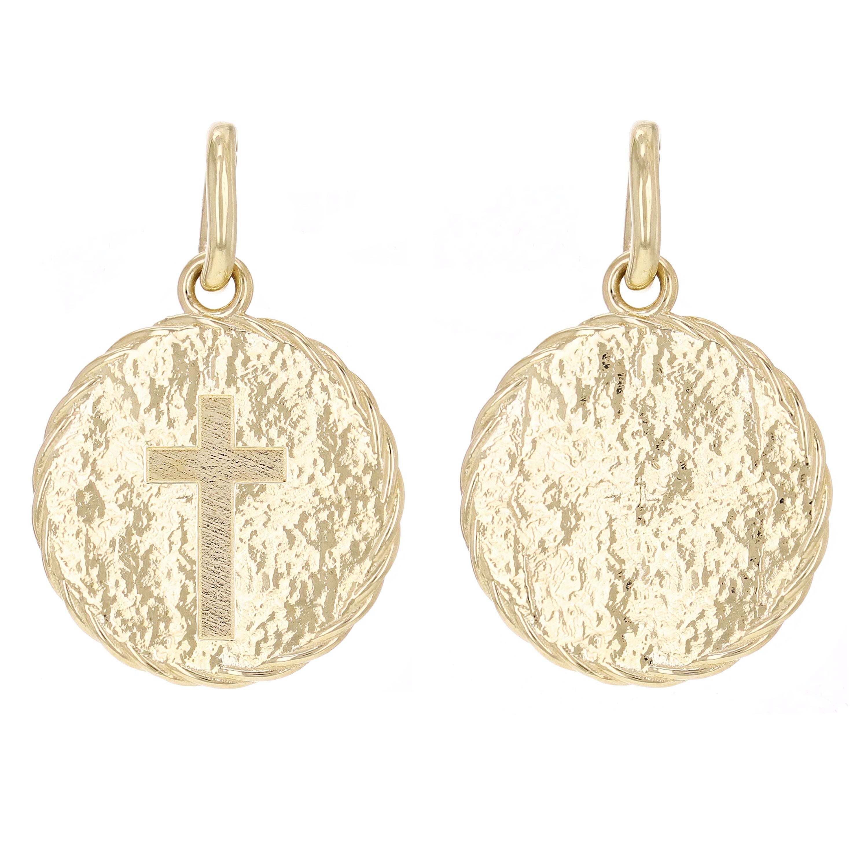 14k Yellow Gold Round Cross Medal Rope Disc Charm Pendant 6 grams