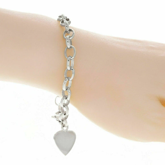 14k White Gold Oval Rolo Link Heart Charm Bracelet 8.5