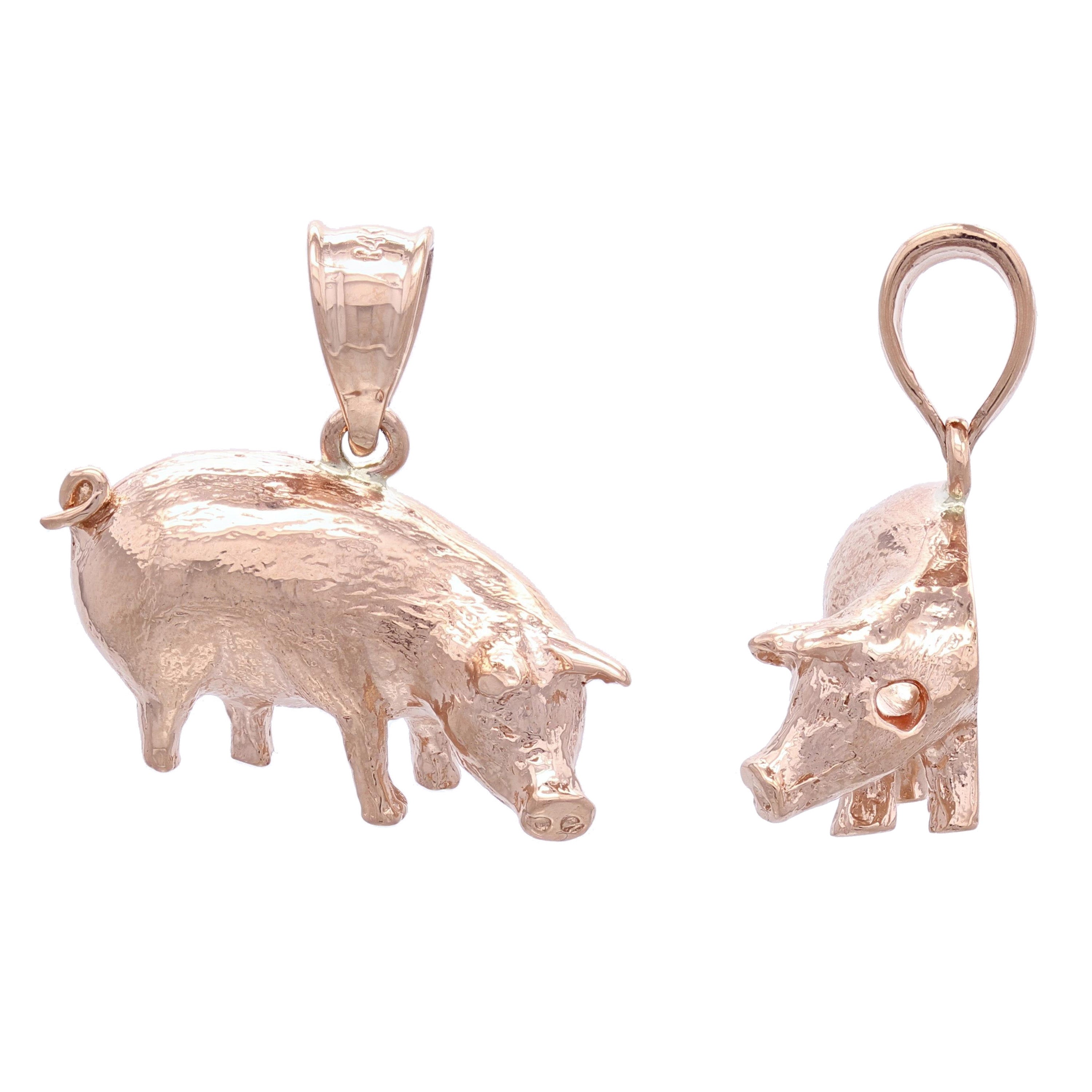 14k Rose Gold Textured Pig Artisan Charm Pendant - Rose