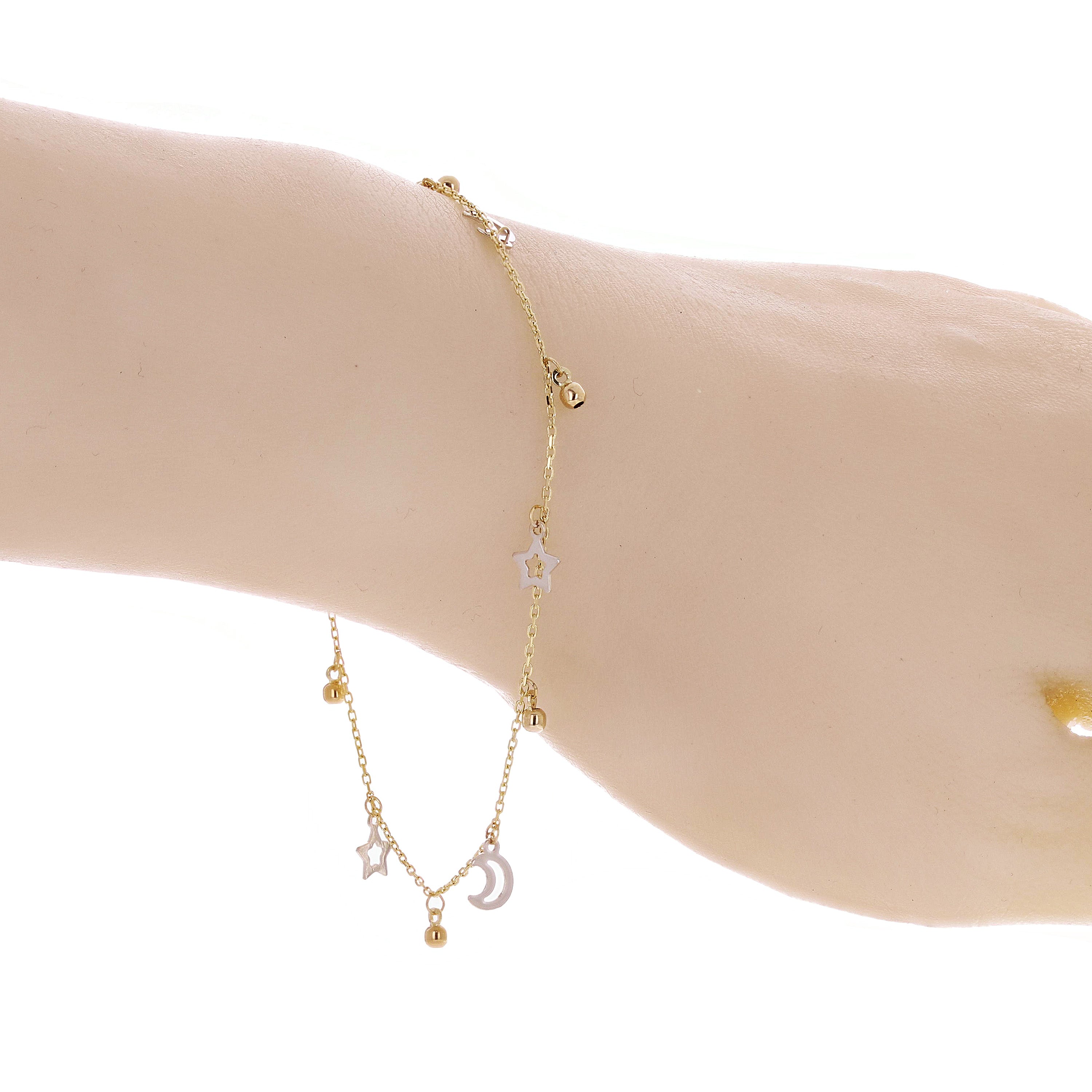 Italian 14k Two Tone Gold Moon Star Ball Beads Charm Anklet/Bracelet 10" 1.7g