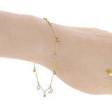 Italian 14k Two Tone Gold Moon Star Ball Beads Charm Anklet/Bracelet 10" 1.7g