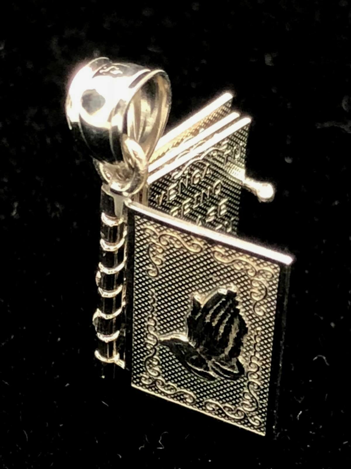 14k White Gold Religious Holy Bible Charm Pendant with Written Pages Inside 3.4g
