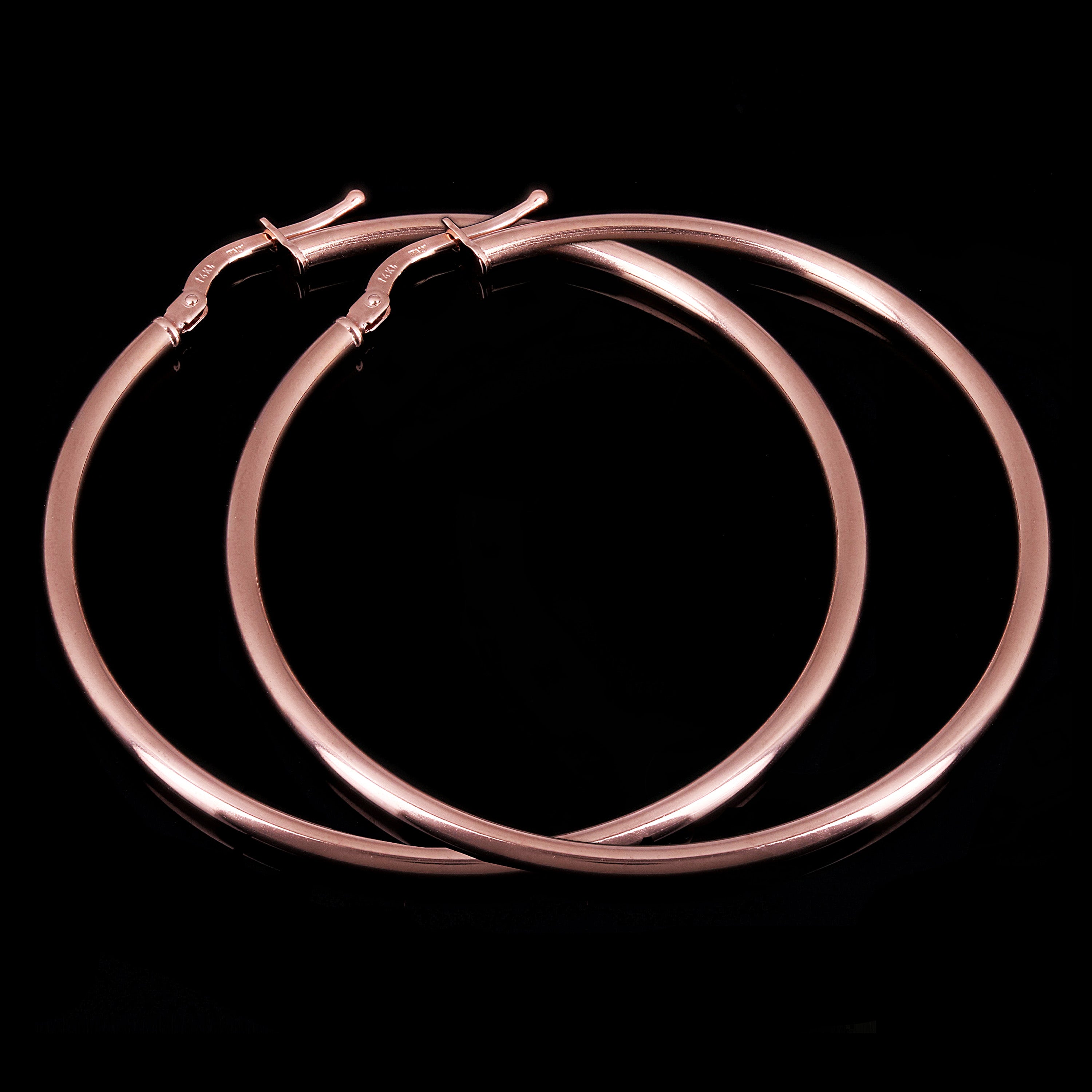 Italian 14k Rose Gold High Polished Plain 2mm Hollow Hoop Earrings 1.9" 2.9grams - Rose,Size 1.9" 2.9 grams