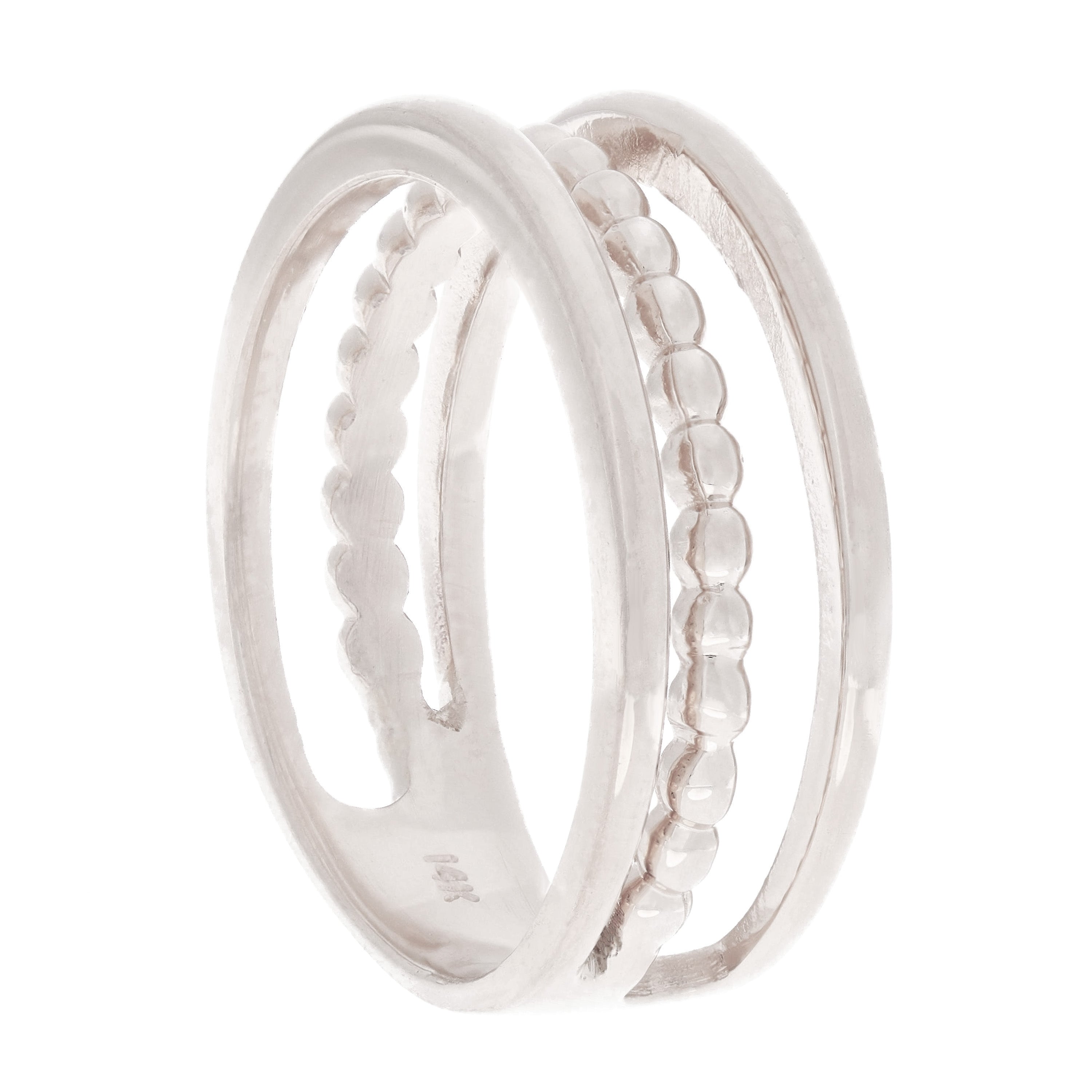 14k White Gold High Polished Open Triple Row Beaded Band Size 6.5 - White,Ring Size 6.5