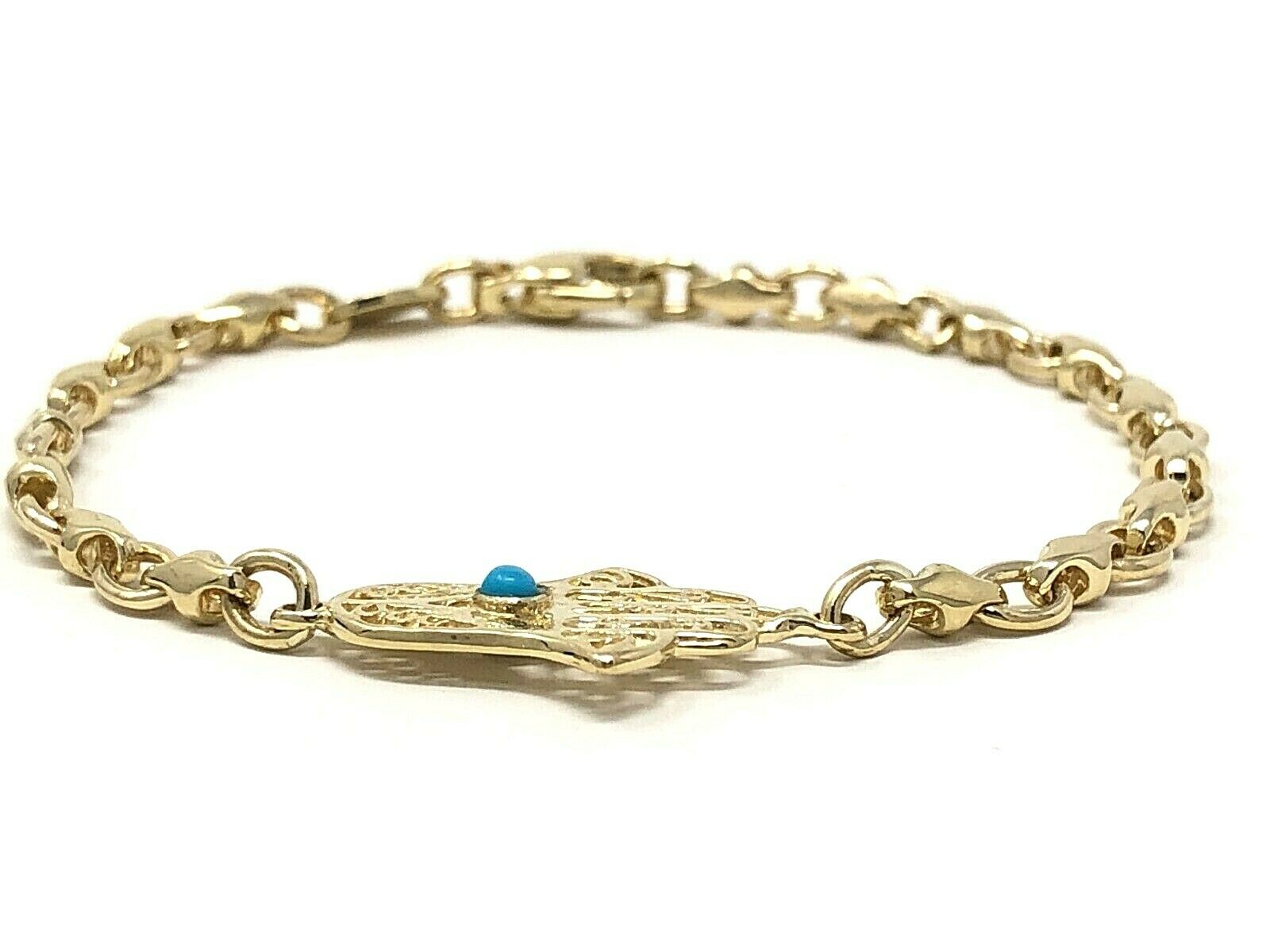 14k Yellow Gold Hamsa Hand of Fatima Charm Bracelet with Turquoise 7" 9.7 grams