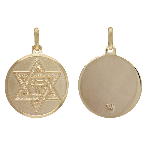 14k Yellow Gold Embossed Star of David with Chai Symbol Round Medallion Pendant