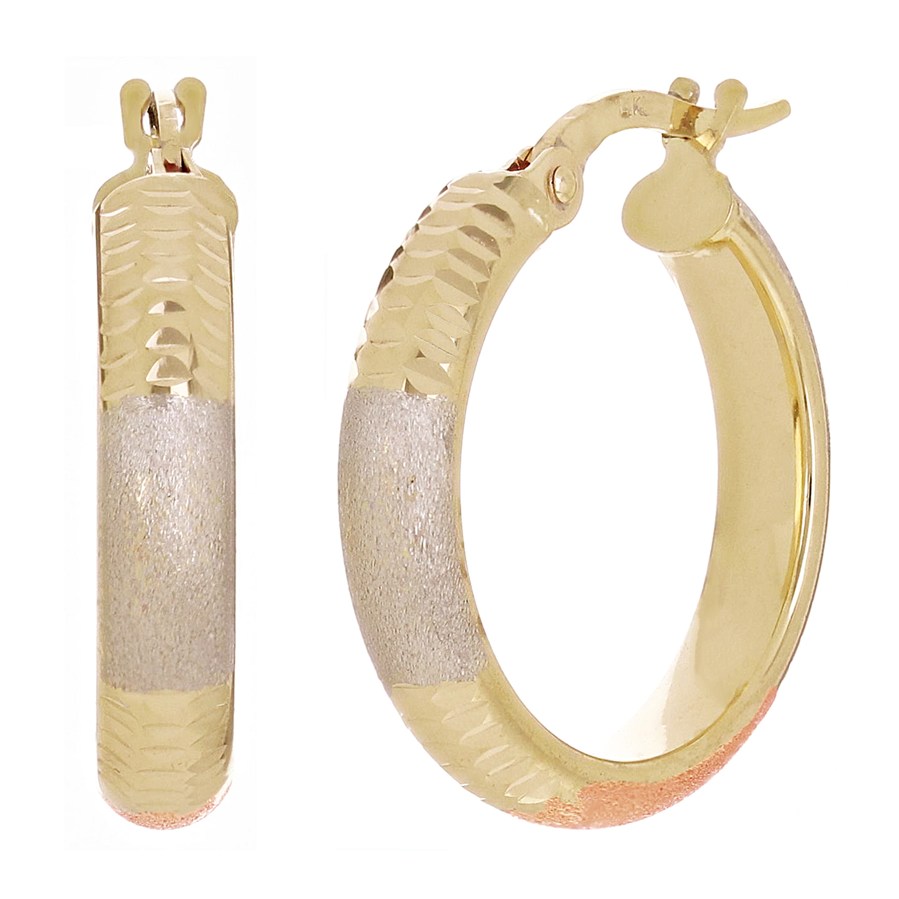 Italian 14k Tri-Color Gold Satin & Diamond Cut Hoop Earrings 20mmx3.8mm 2 grams