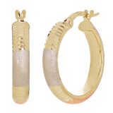 Italian 14k Tri-Color Gold Satin & Diamond Cut Hoop Earrings 20mmx3.8mm 2 grams