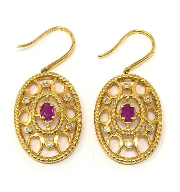 22k Yellow Gold Ruby & Diamonds Oval Dangling Earrings Vintage 1.6