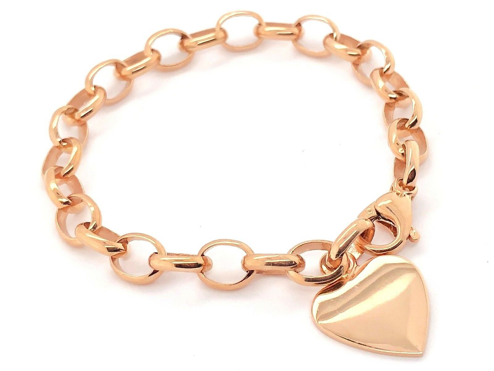 14k Rose Gold Oval Rolo Link Chain Heart Charm Bracelet 8.5" 19 grams