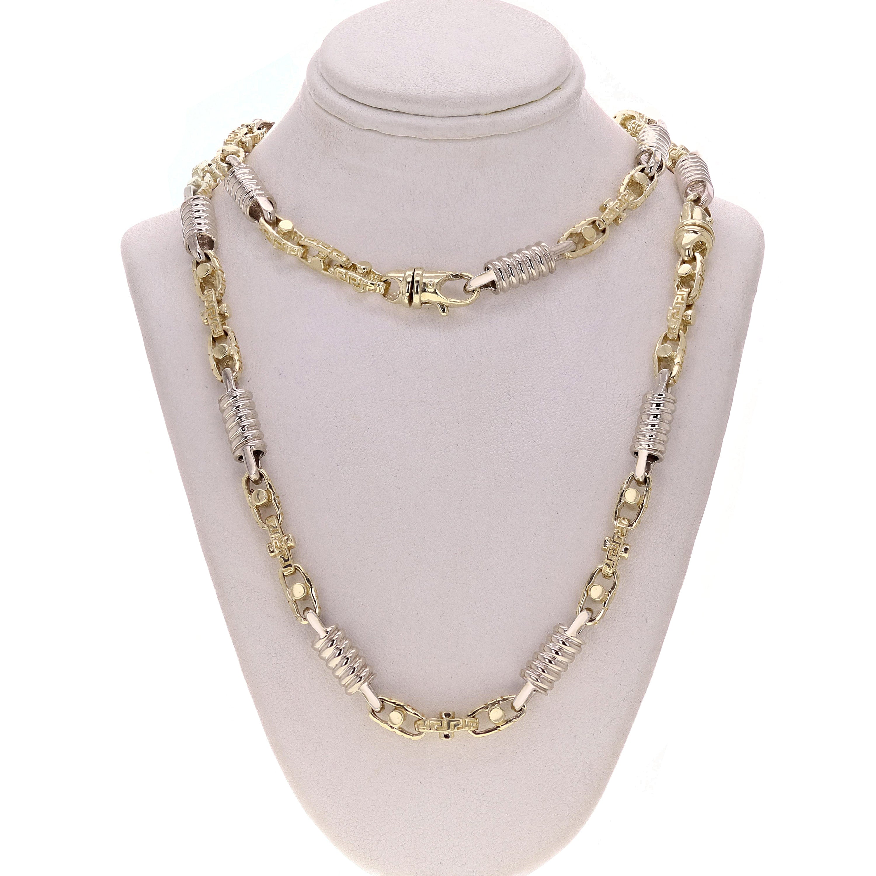14k Yellow & White Gold Handmade Spring & Greek Link Necklace 22" 7mm 80.8 grams - 22"