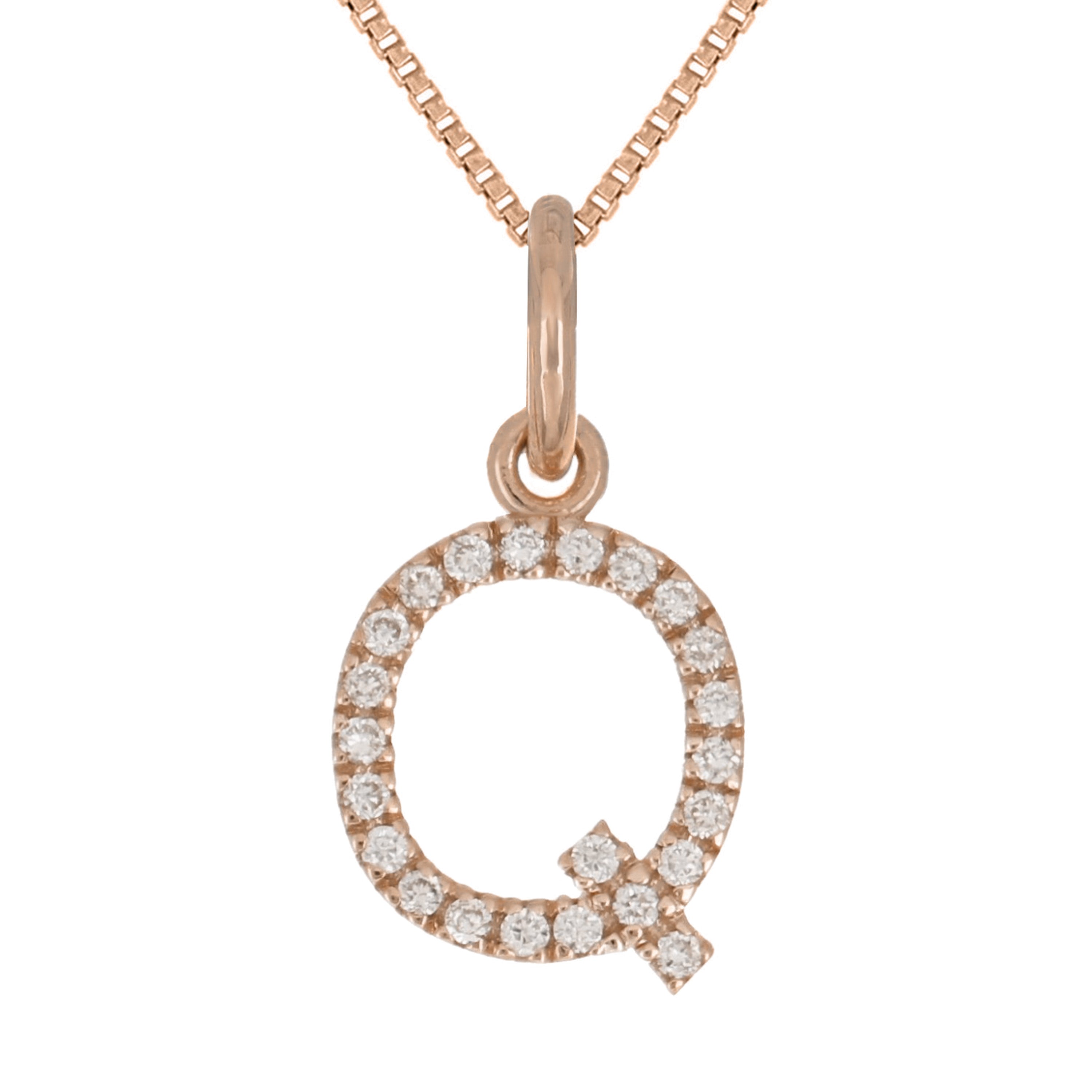 14k Rose Gold Diamond Initial Letter Q Charm Pendant Necklace 18" - Letter Q,Rose