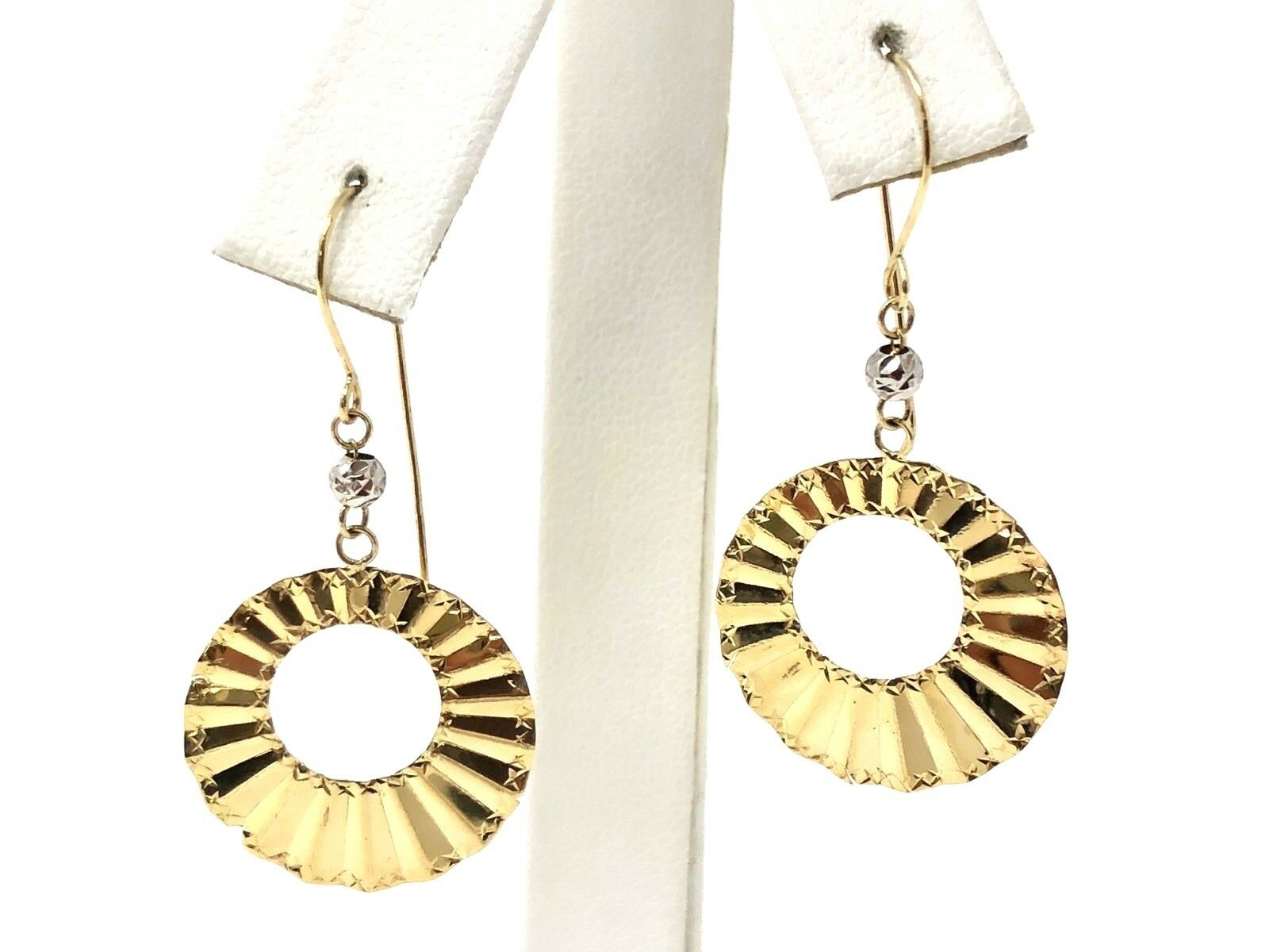 14k Two Tone Gold Hollow Round Shell Drop Dangle Earrings 1.5" 1.4 grams