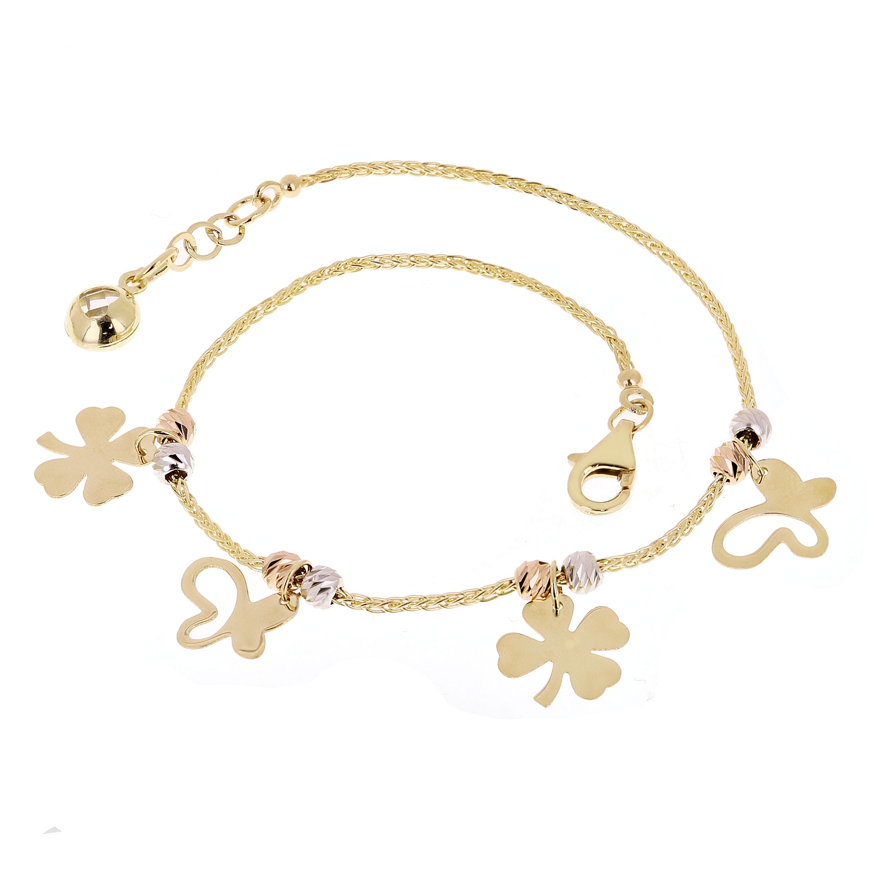 Italian 14k Tri Color Gold Four Leaf Clover & Butterfly Charm Bracelet 7" 2.9g