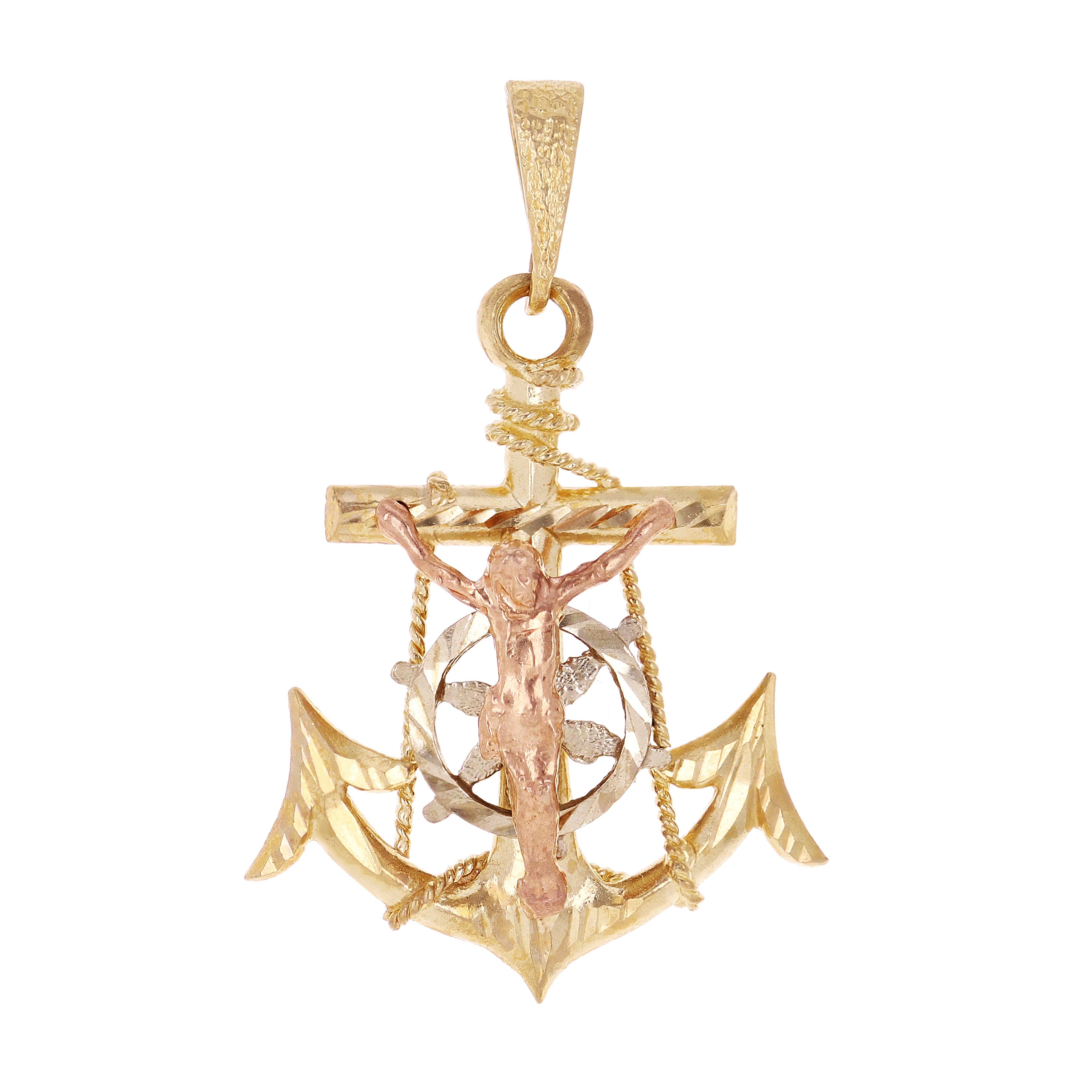 14k Tri Color Gold Jesus Christ Crucifix Mariner Anchor Charm Pendant 1.6" 4.7g