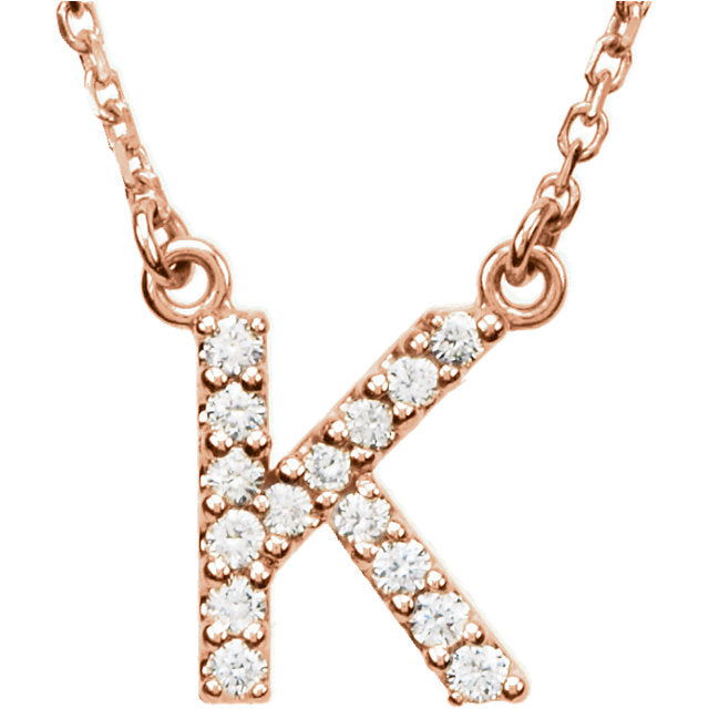 14k Rose Gold Diamond Initial Letter K Alphabet Rolo Pendant Necklace 18" - Letter K,Rose