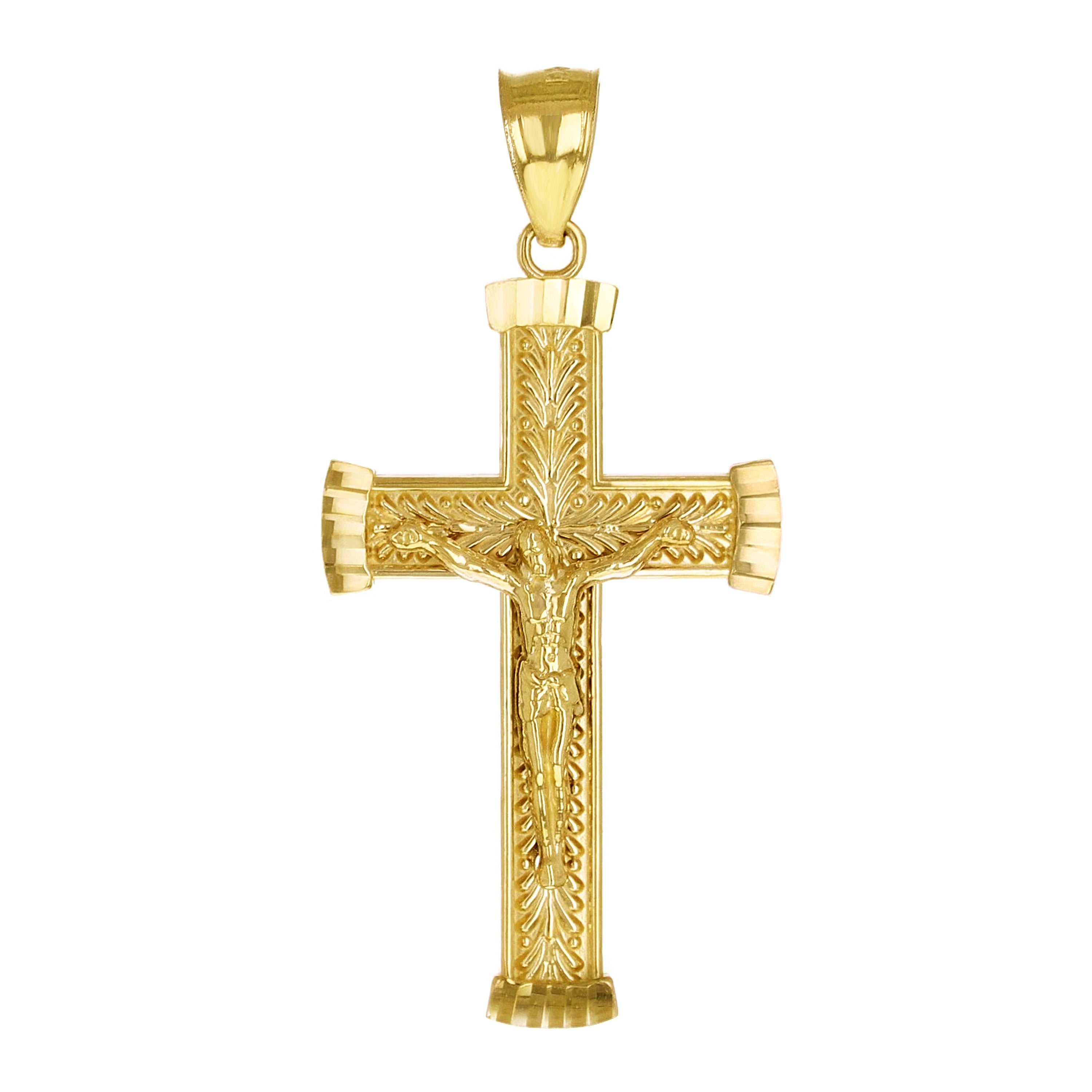14k Yellow Gold Diamond Cut Leaf Pattern Jesus Cross Crucifix Pendant 1.6" 2.6g