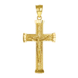 14k Yellow Gold Diamond Cut Leaf Pattern Jesus Cross Crucifix Pendant 1.6" 2.6g