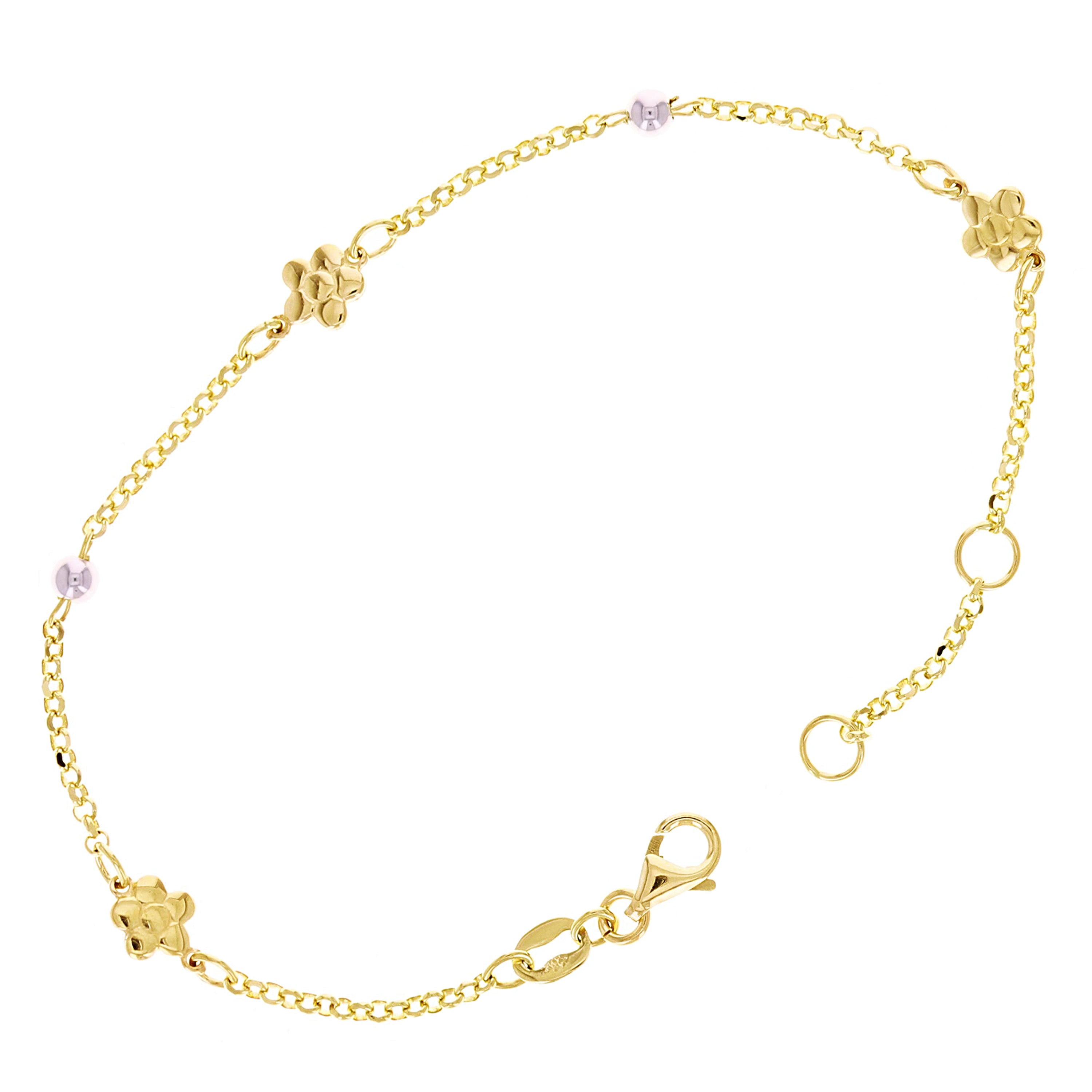 Italian 14k Tri-Color Gold ball Beads & Flower Charm Bracelet 7" 2.2 grams