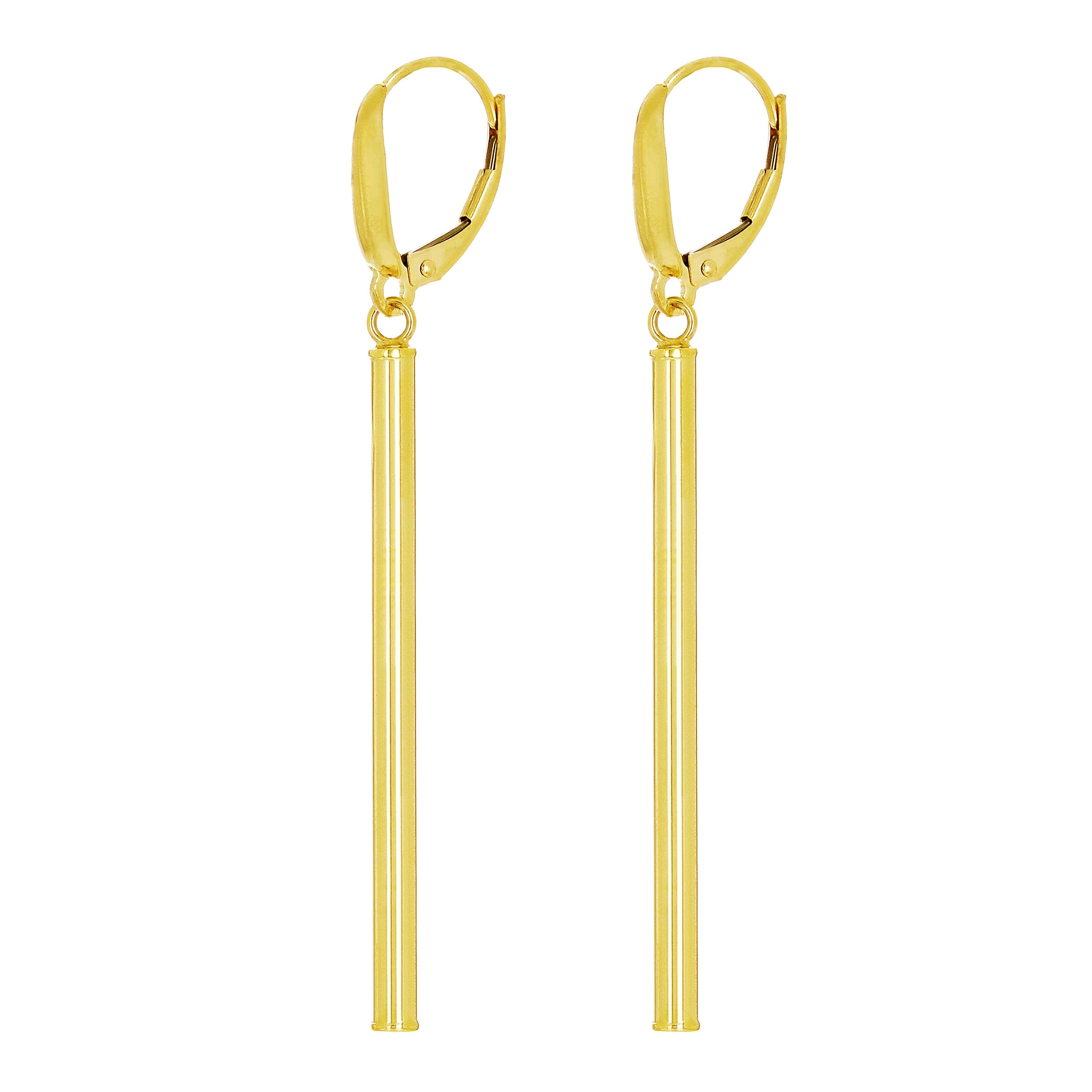 Italian 14k Yellow Gold Tube Vertical Bar Dangle Drop Earrings 2.5" 2.4 grams