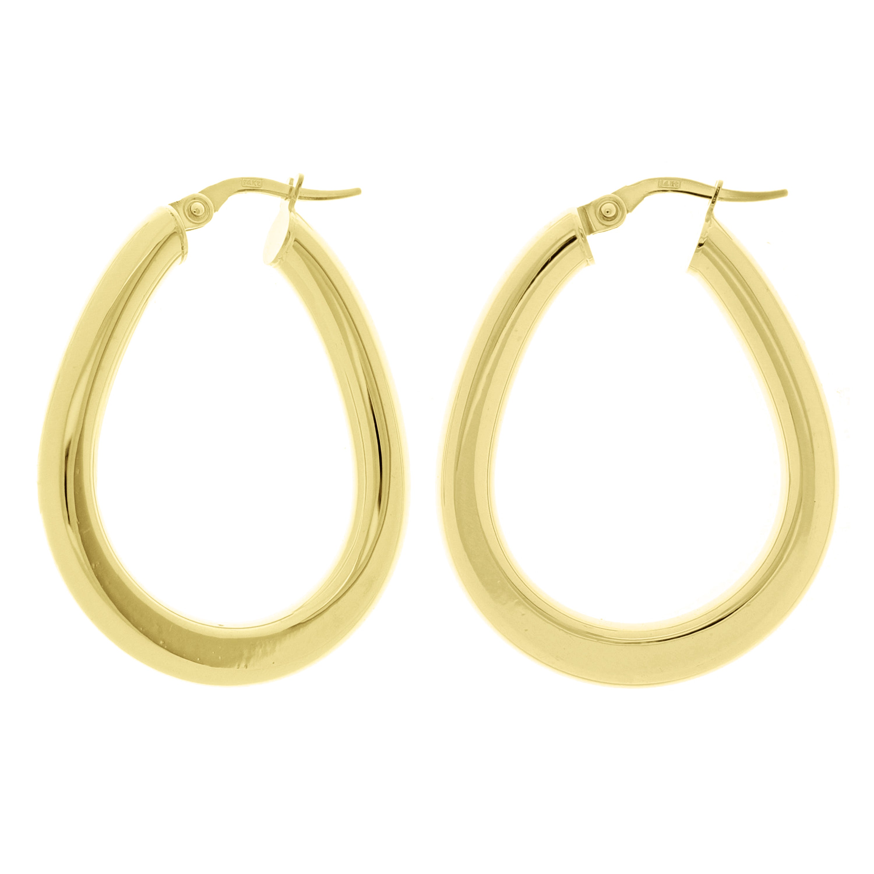 Italian 14k Yellow Gold Flat Tube Tear Drop Hoop Earrings 1.3" 4mm 3.1 grams