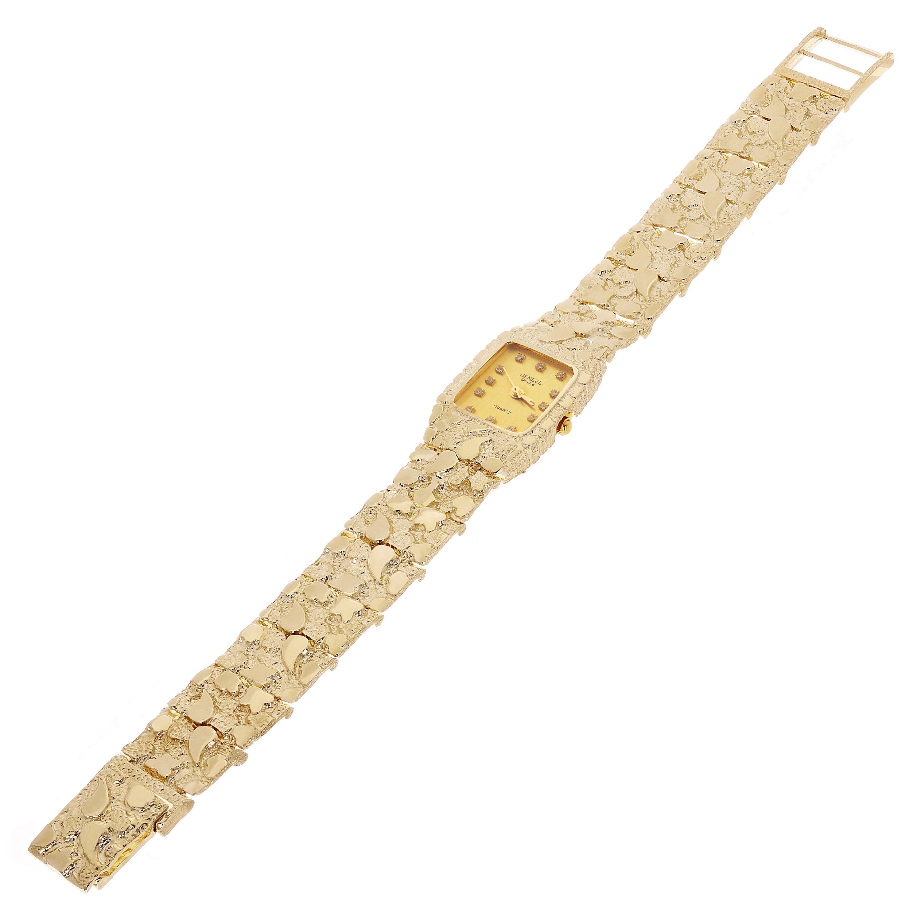 Women's 10k Yellow Gold Nugget Link Bracelet Geneve Watch with Diamonds 6.5-7" - Gold Faceplate 7" 37.4 grams