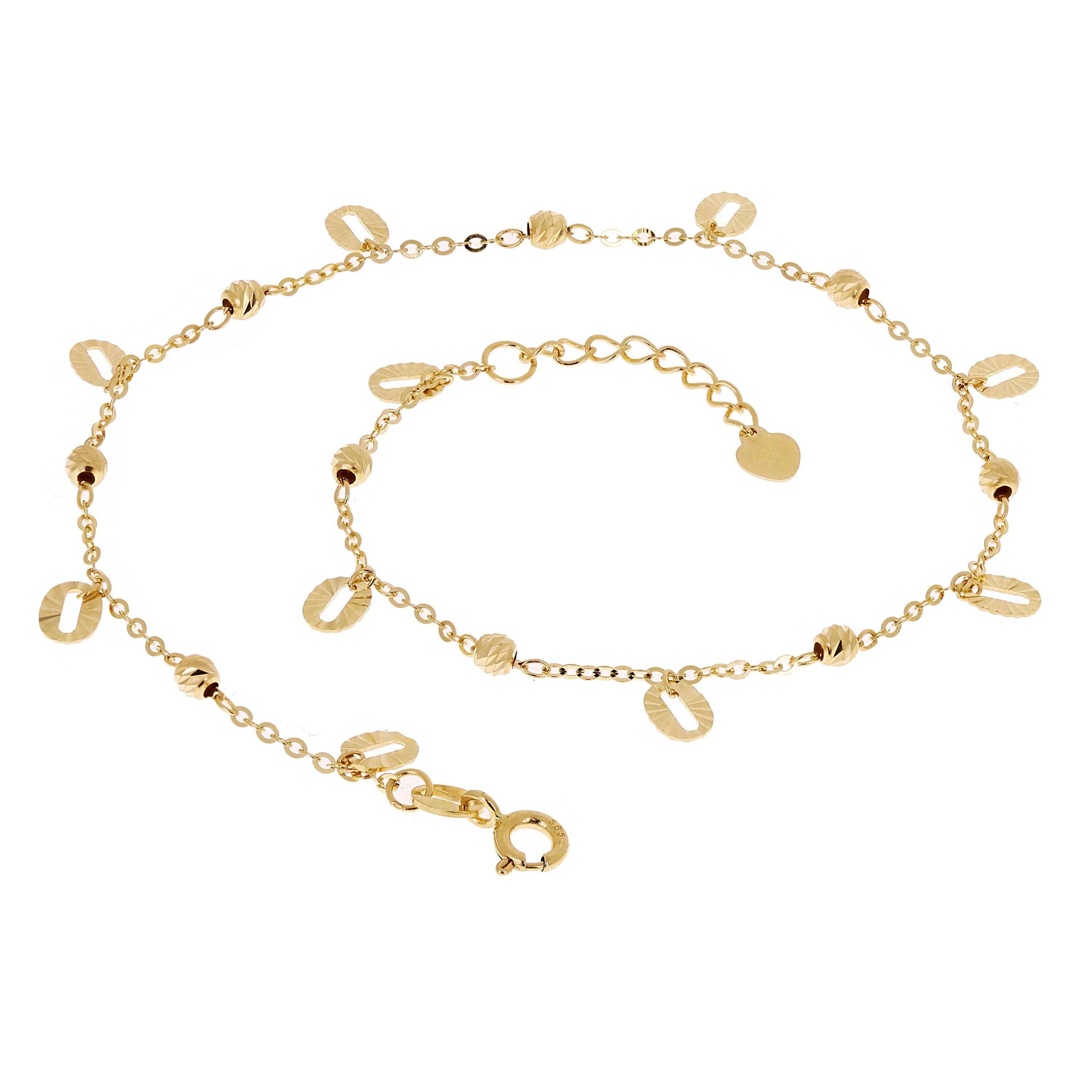Italian 14k Yellow Gold Diamond-Cut Bead Station Anklet Adjustable 9.5-10" 2.2g