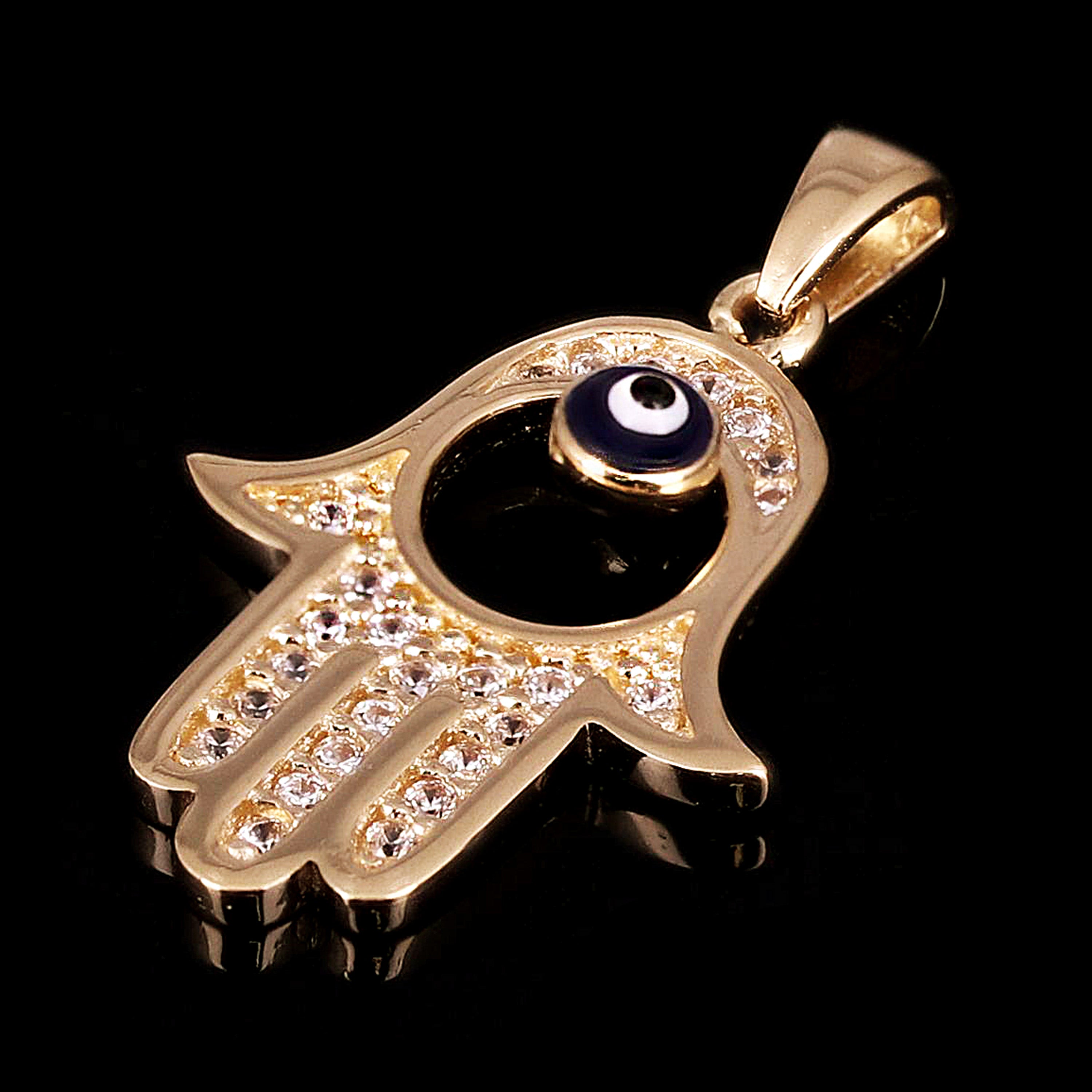 Italian 14k Yellow Gold Enamel Hamsa Hand Pendant with CZ 1.5g - Small