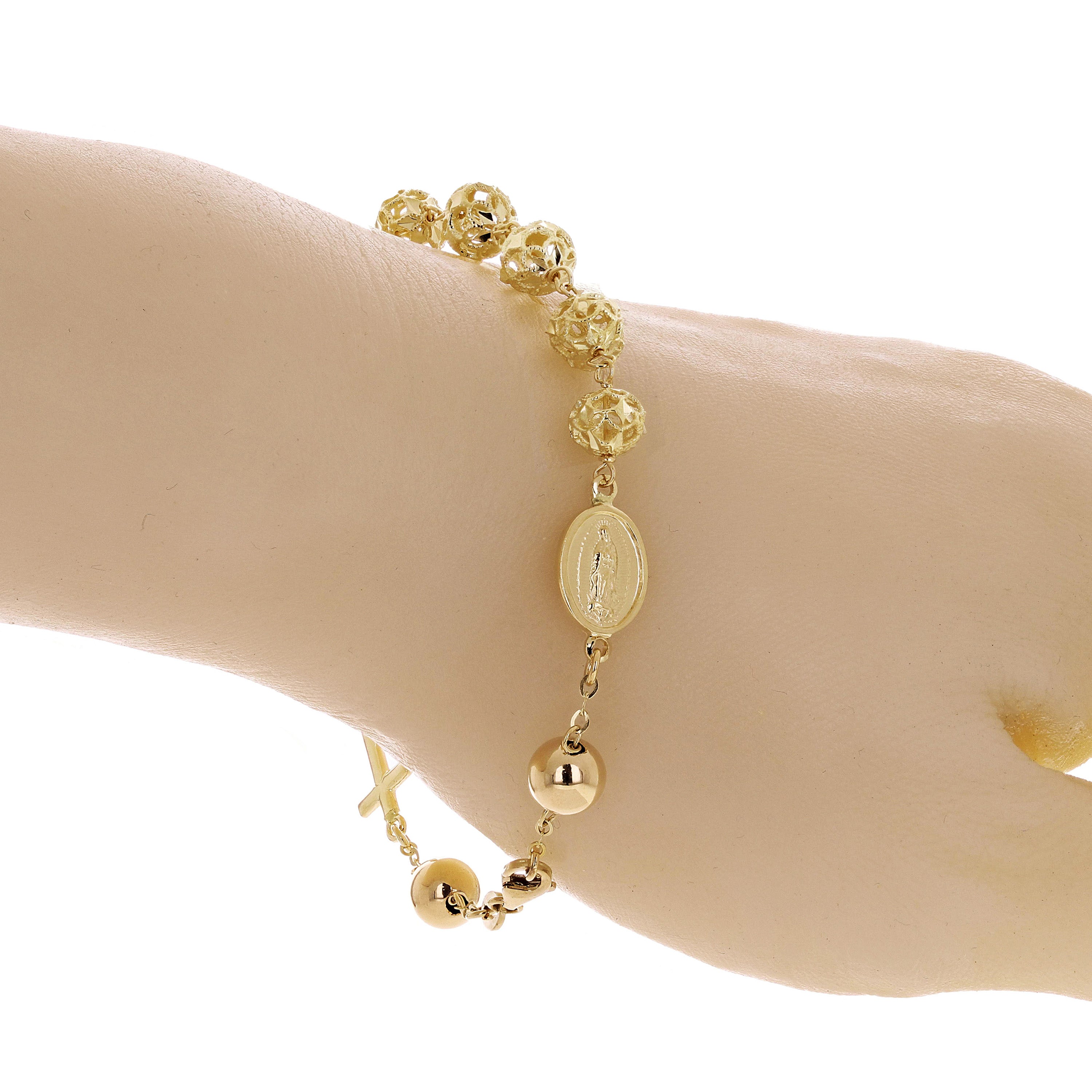 Italian 14k Yellow Gold Diamond-Cut Beaded Rosary Bracelet 8.5" 7.3mm 10 grams