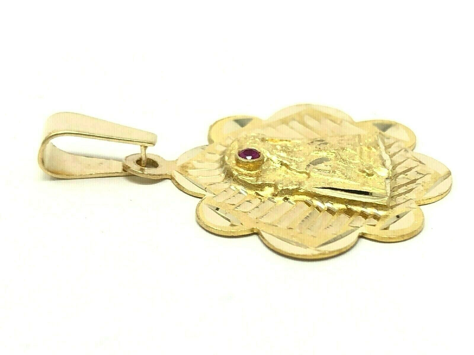 14k Yellow Gold Embossed Mother Mary Charm Pendant with Ruby Gemstone 1" 2 grams