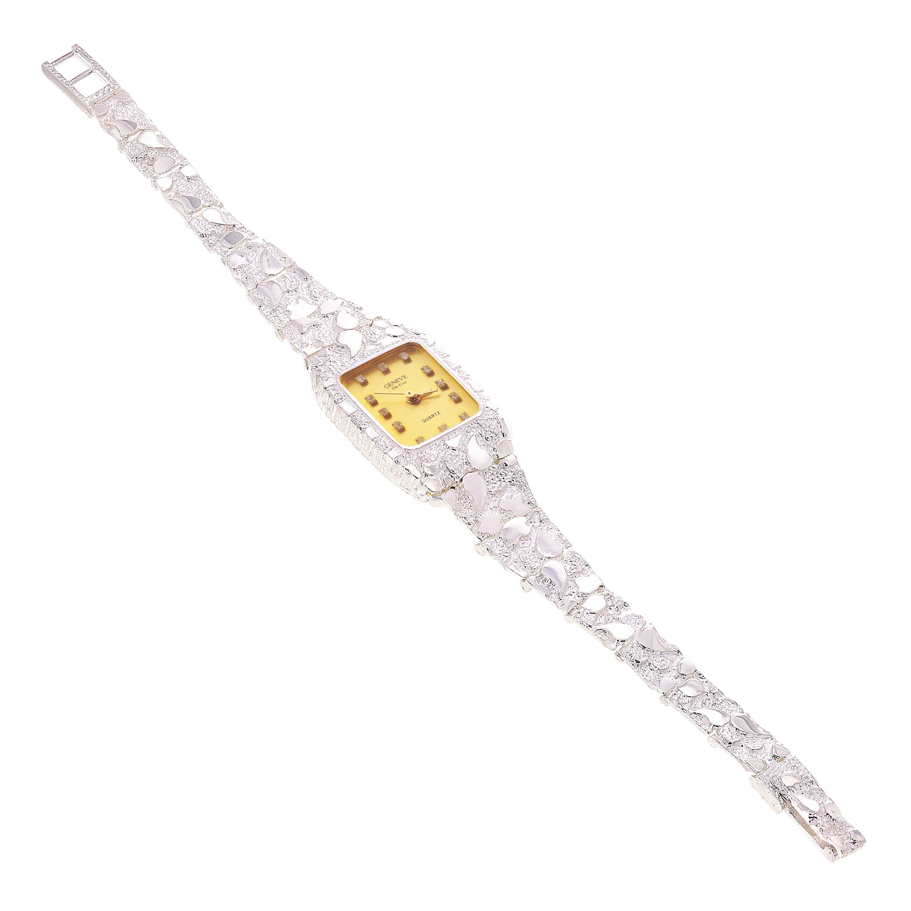 Women's Sterling Silver Nugget Wrist Watch Bracelet with Geneve Diamonds 7" - 8.5"