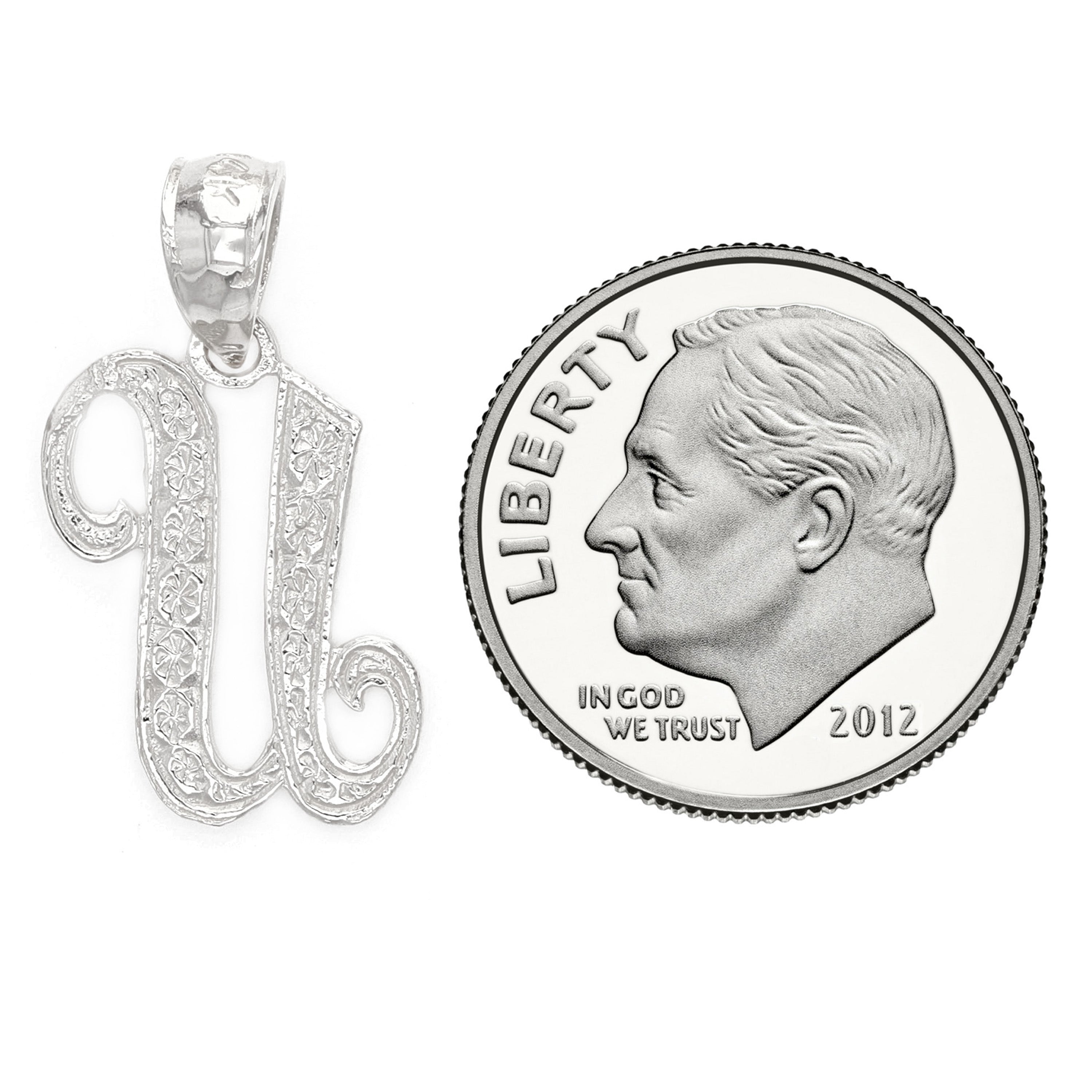 14k White Gold Initial Letter U Alphabet Charm Pendant - Letter U,White