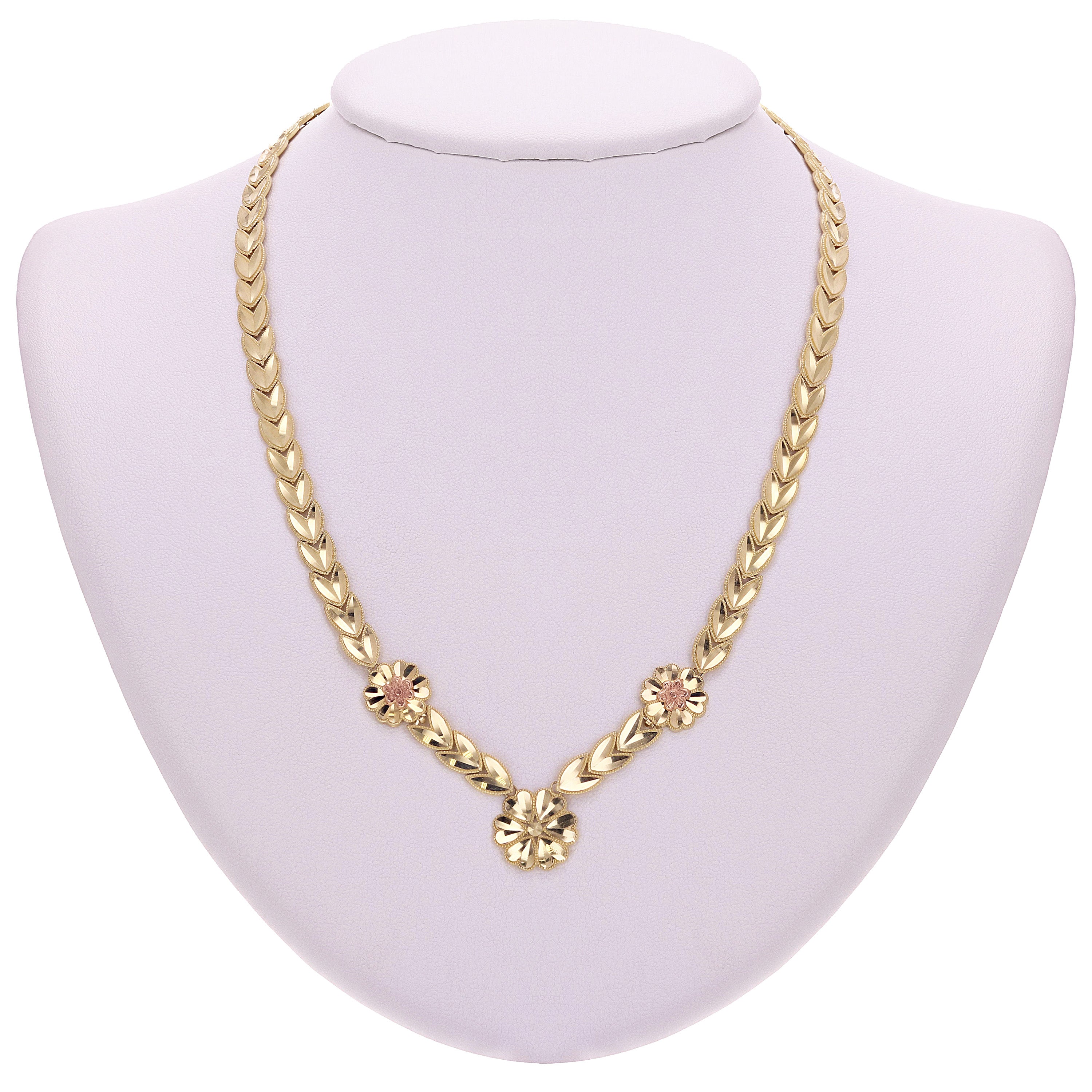 14k Two-Tone Gold V Shape Leaf Link & Flowers 17" Necklace & 7.5" Bracelet Set