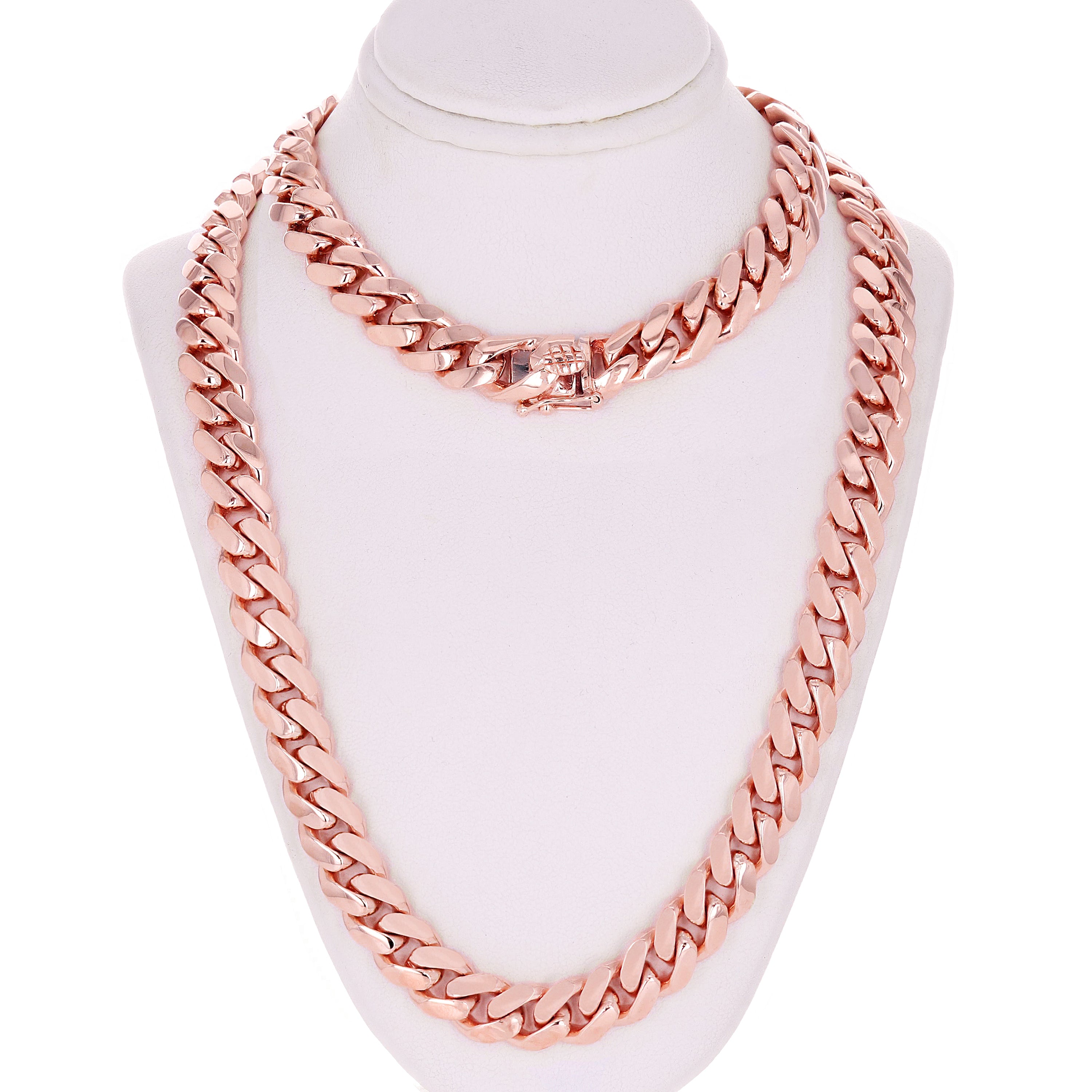 14k Rose Gold Solid Heavy Miami Cuban Chain Link Necklace 26" 10 mm 186 grams with Box Clasp - Rose,26"