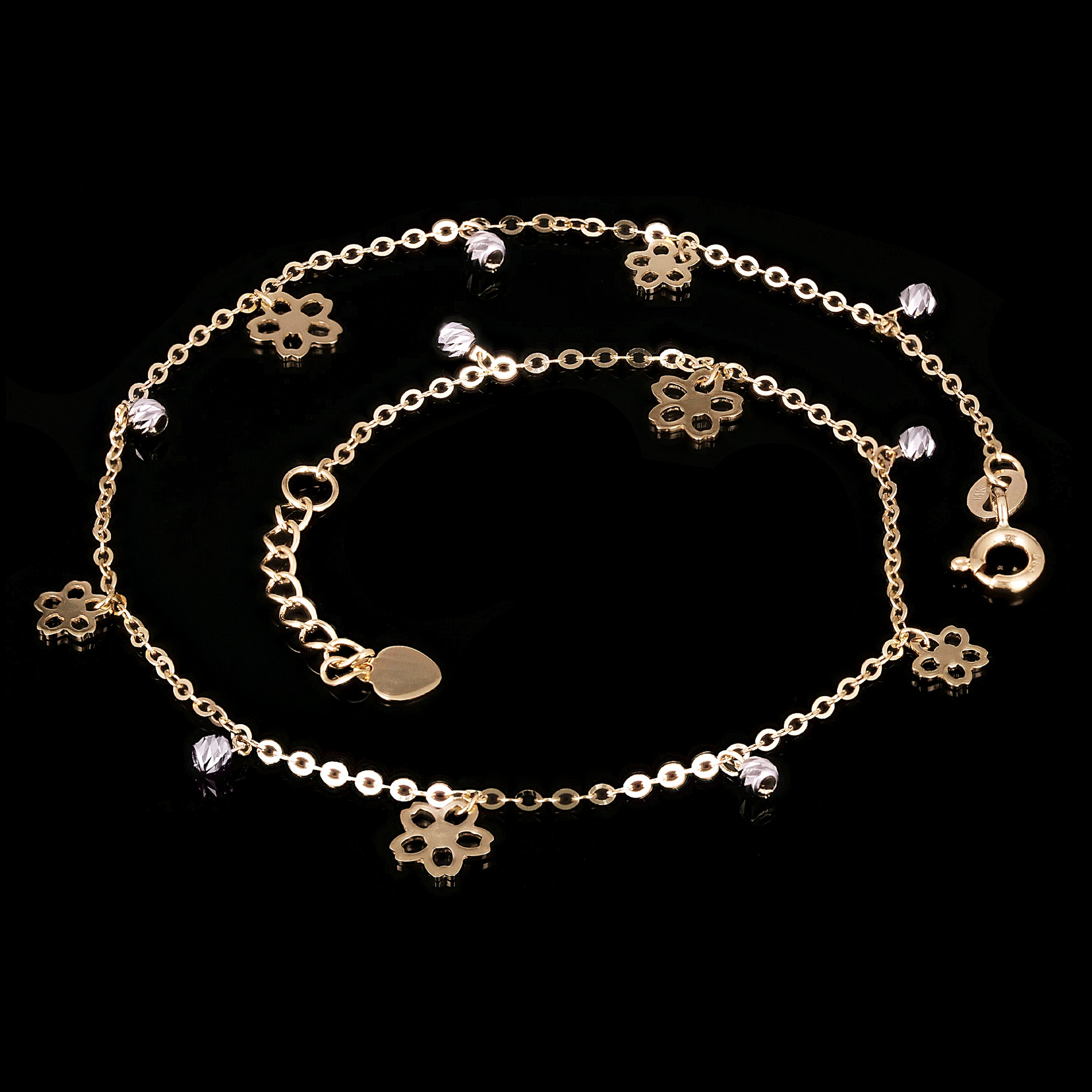 Italian 14k Two Tone Gold Flower & Ball Beads Charm Anklet/Bracelet 10" 1.9grams - Yellow and White