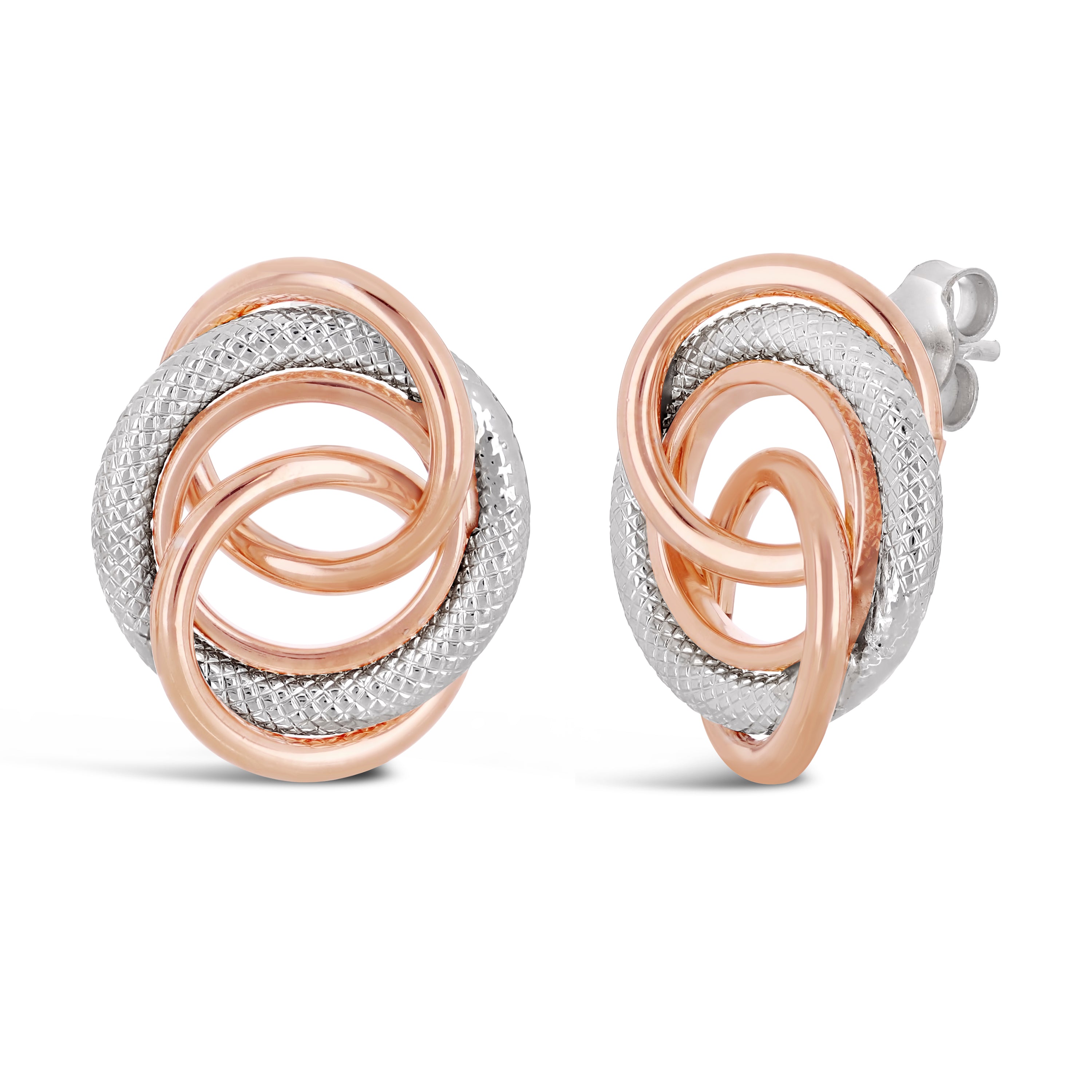 Italian 14k White & Rose Gold Multiple Eternity Circle Love Knot Stud Earrings - White and Rose
