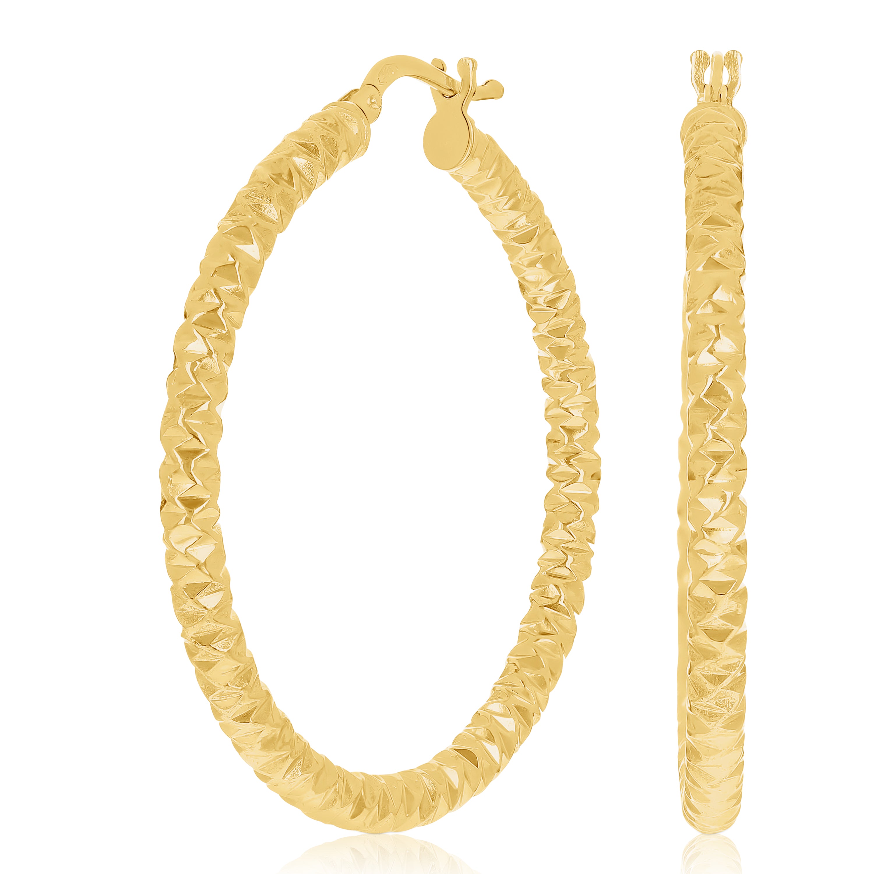 Italian 14k Yellow Gold Hollow Diamond Cut Hoop Earrings 1.5" 2.8mm 2.2 grams