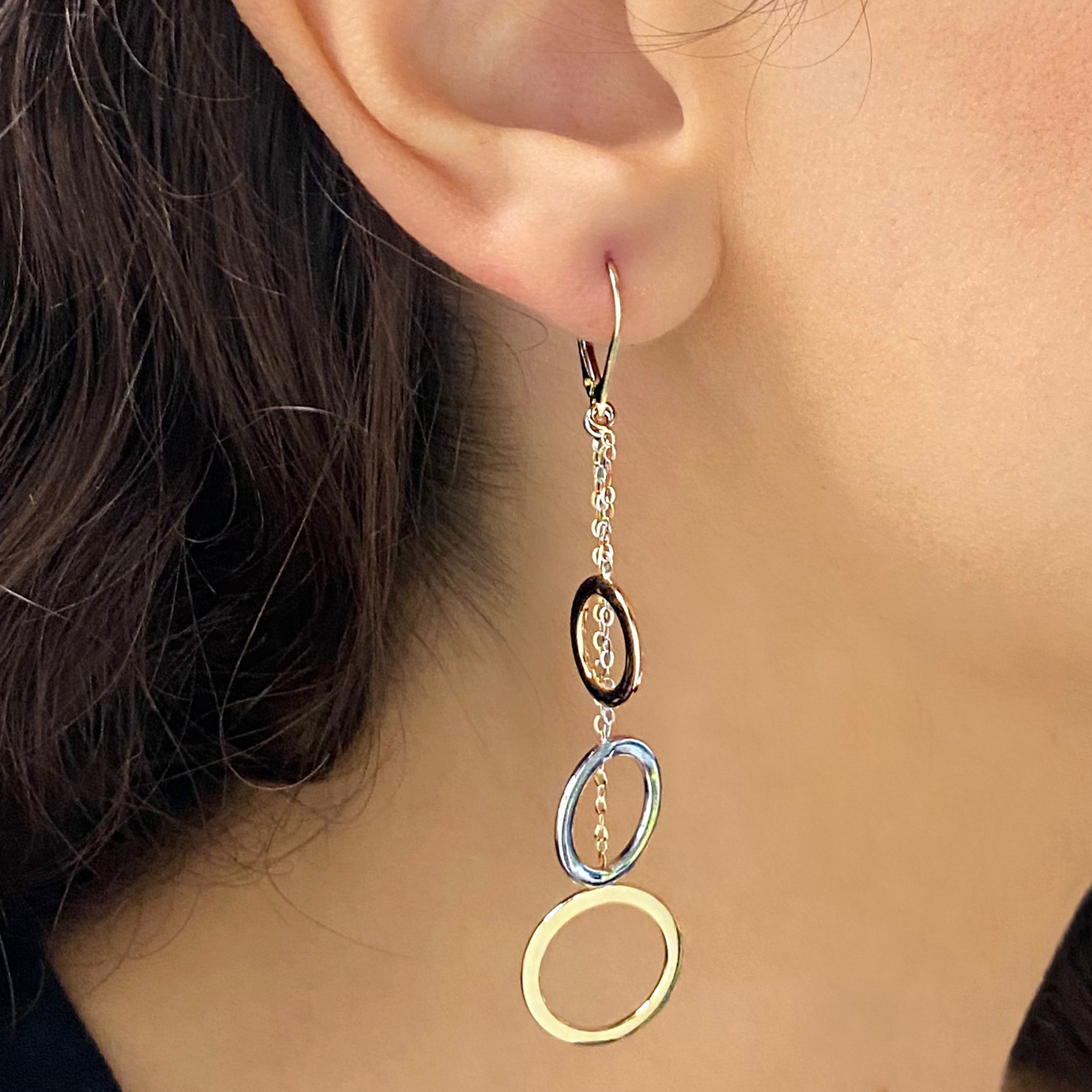 Italian 14k Yellow White & Rose Gold Shiny Circle Chain Linear Dangle Earrings 2.9"