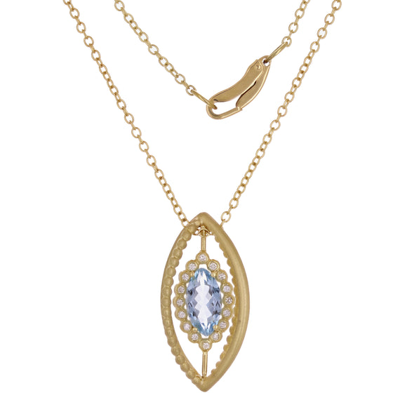 14k Yellow Gold Satin 0.30ctw Aquamarine & Diamond Orbital Cage Pendant Necklace