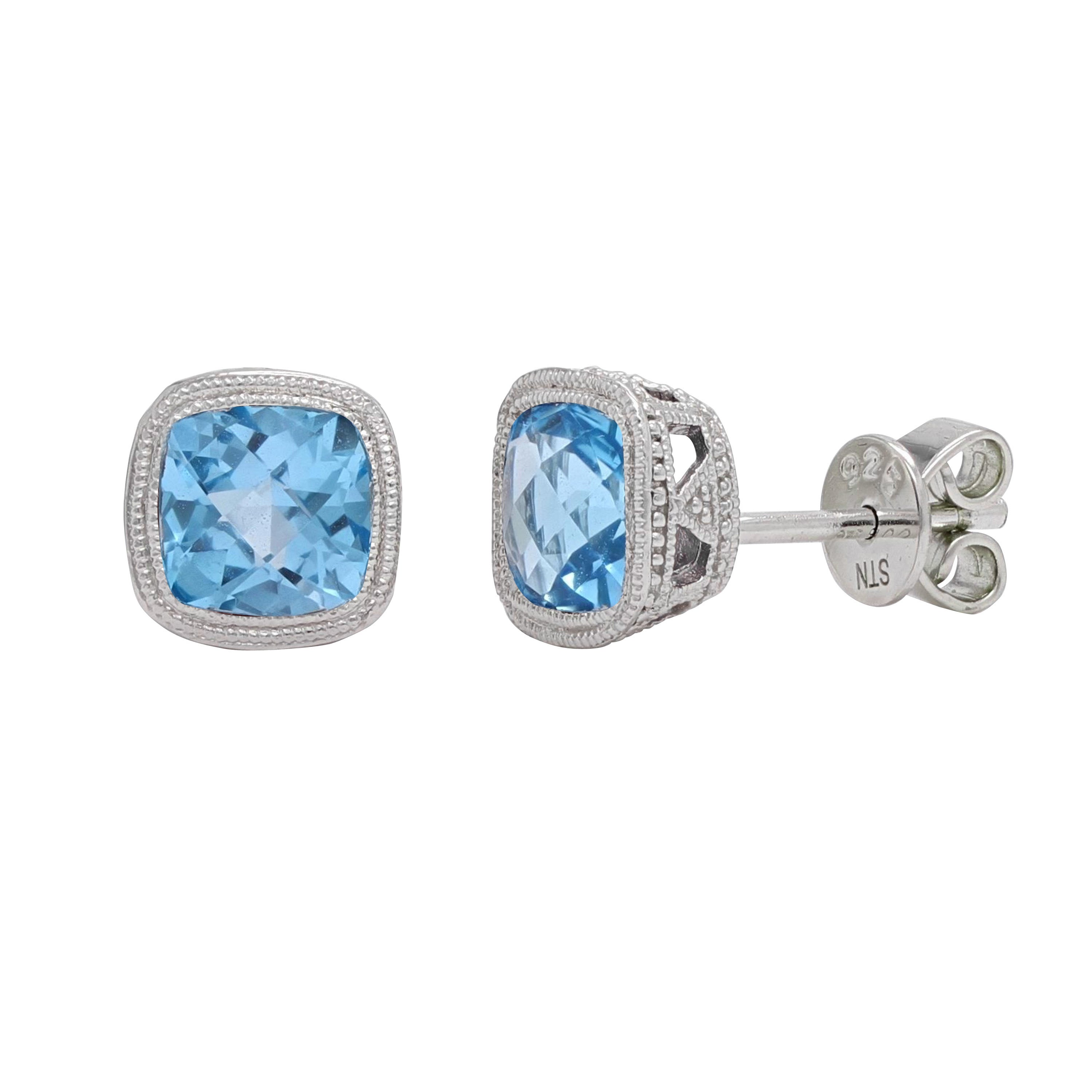 925 Sterling Silver Blue Topaz Petite Double Milgrain Checkerboard-Cushion-Cut Halo Stud Earrings - Blue Topaz