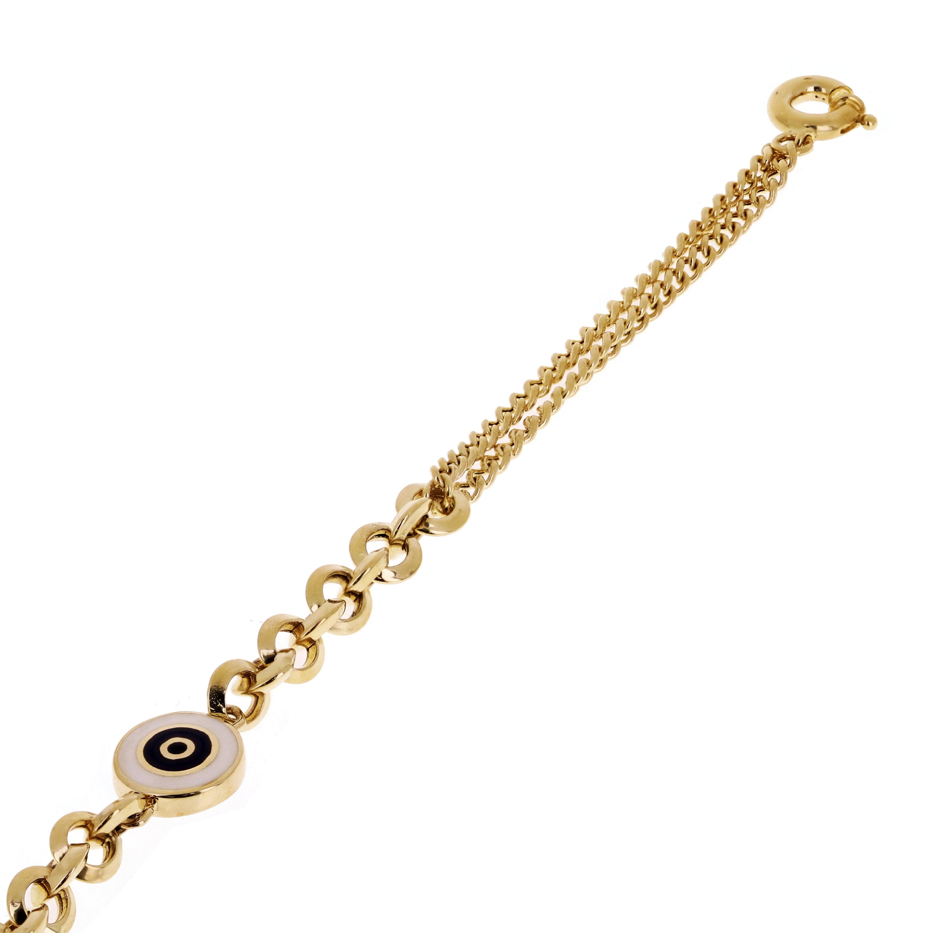 Italian 14k Yellow Gold Double Cuban Chain Evil Eye Charm Bracelet 7.5" 4.3grams