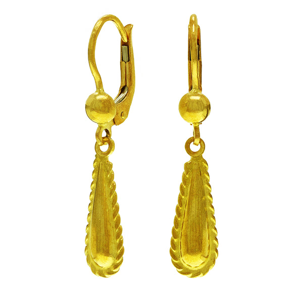 14k Yellow Gold Textured Tear Drop Dangle Lever Back Fashion Earrings 1.3