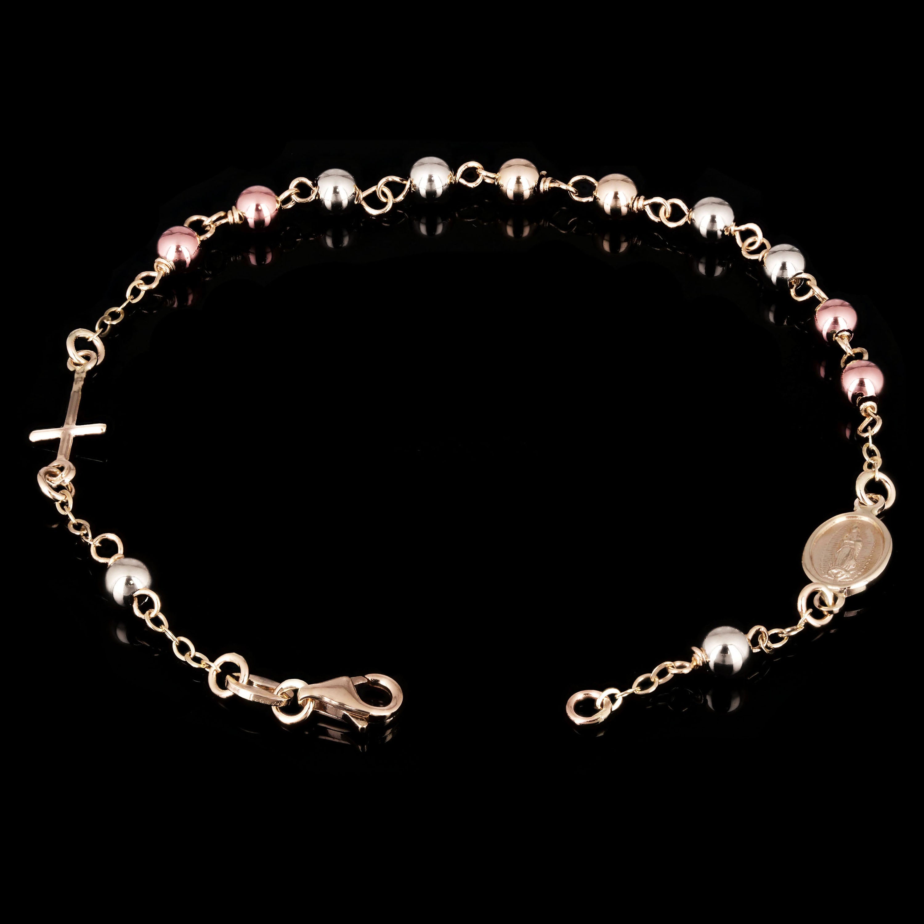 Italian 14k Tri-Color Gold Miraculous Medal Charm Rosary Bracelet 7.5" 4mm 3gram