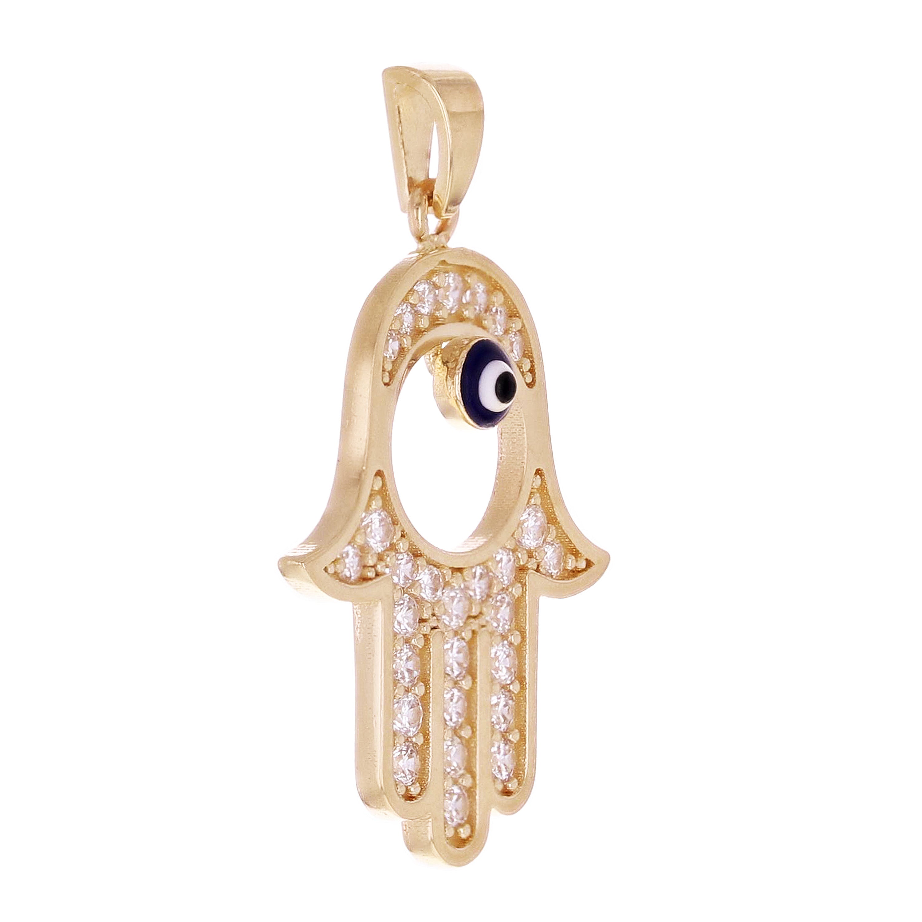 Italian 14k Yellow Gold Enamel Hamsa Hand Pendant with CZ 26.9mmx16.6mm 2.3g - Big