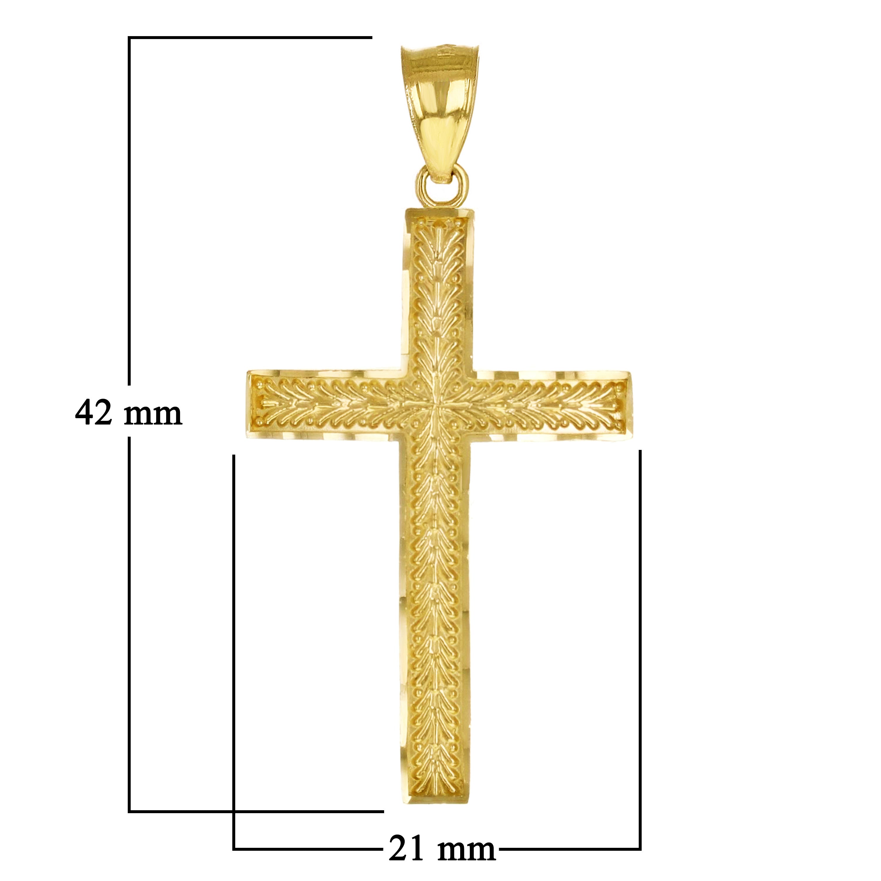 14k Yellow Gold Solid Diamond Cut Leaf Pattern Cross Pendant 1.7" 2.5 grams