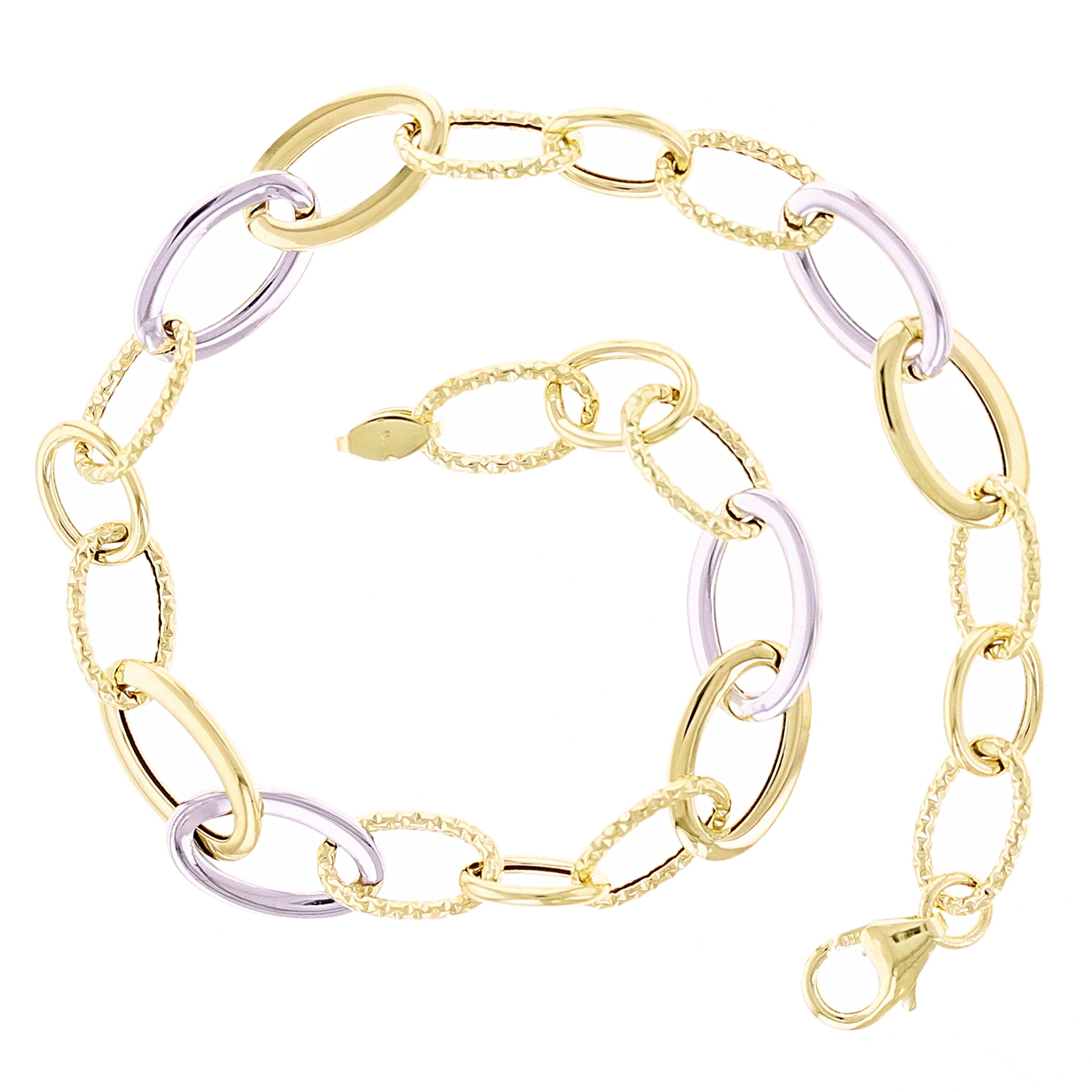 Italian 14k Yellow & White Gold Hollow Plain & Rope Oval Link Bracelet 7.25" 7mm 2.2g