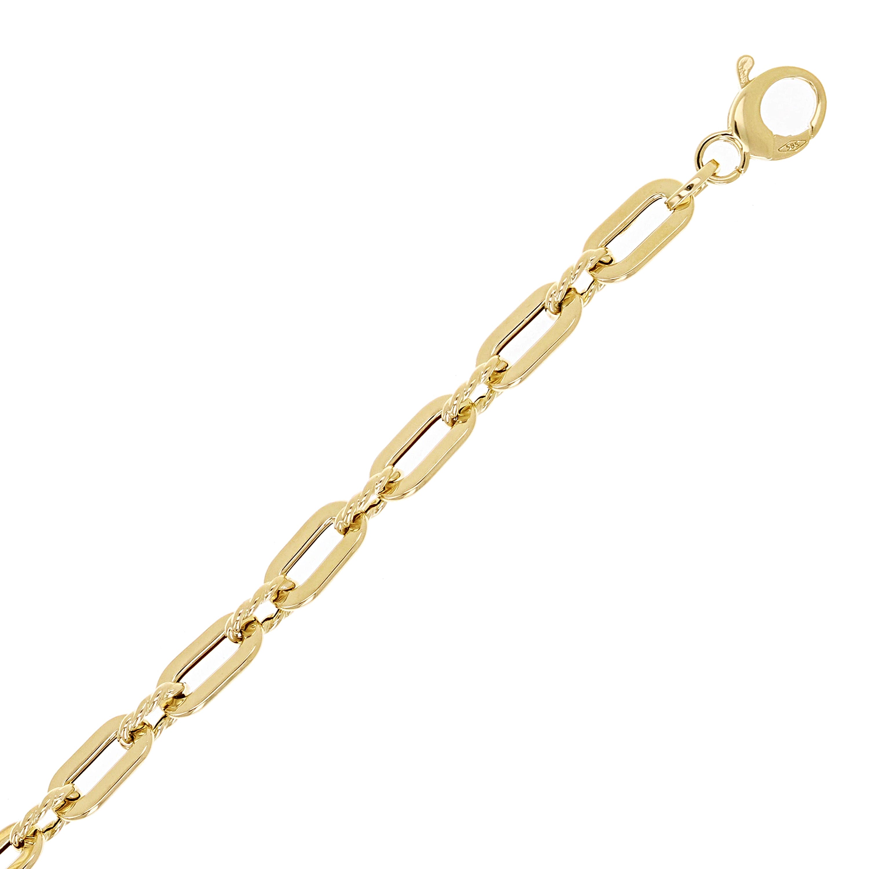 Italian 14k Yellow Gold Rope & Plain Paper Clip Link Bracelet 7.5" 3.4 grams