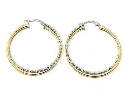 14k Two Tone Gold Diamond Cut Hollow Round Hoop Loop Earrings 1.33" 2.7 grams