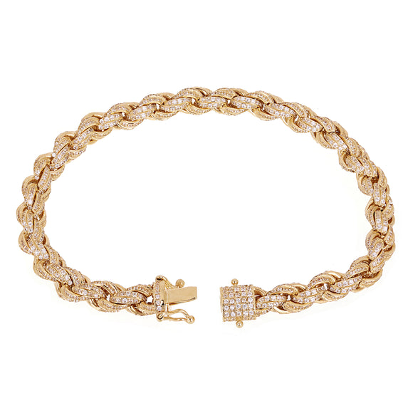 Italian 14k Yellow Gold Micro Pave Zirconia Rope Chain Bracelet 6.7mm - 8.5mm