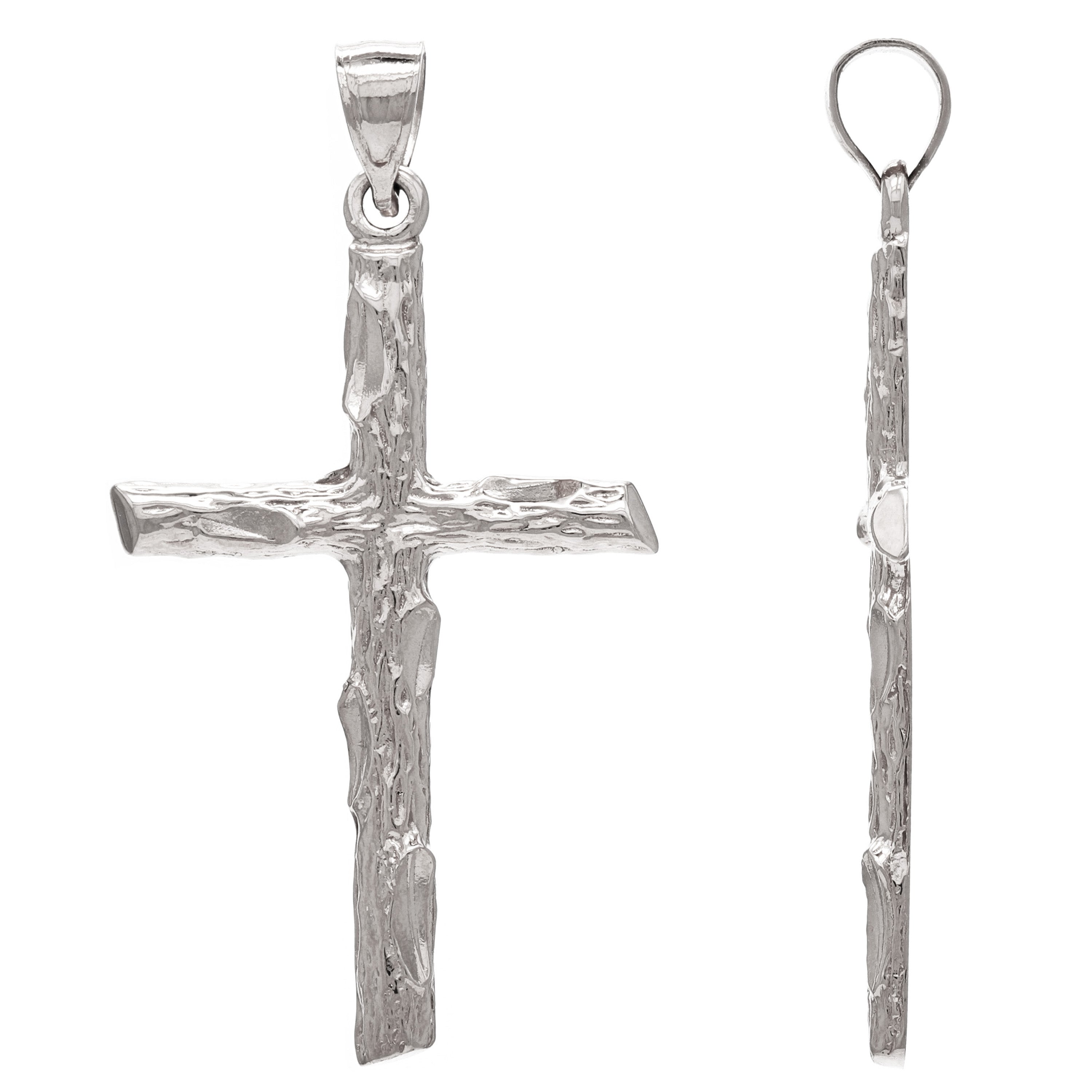 14k White Gold Religious Wood Bark Tree Trunk Cross Charm Pendant 2.6grams - White